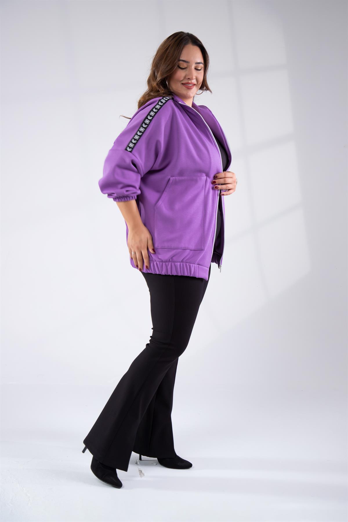 Büyük Beden 333443 Şertli Polar Sweat Lila