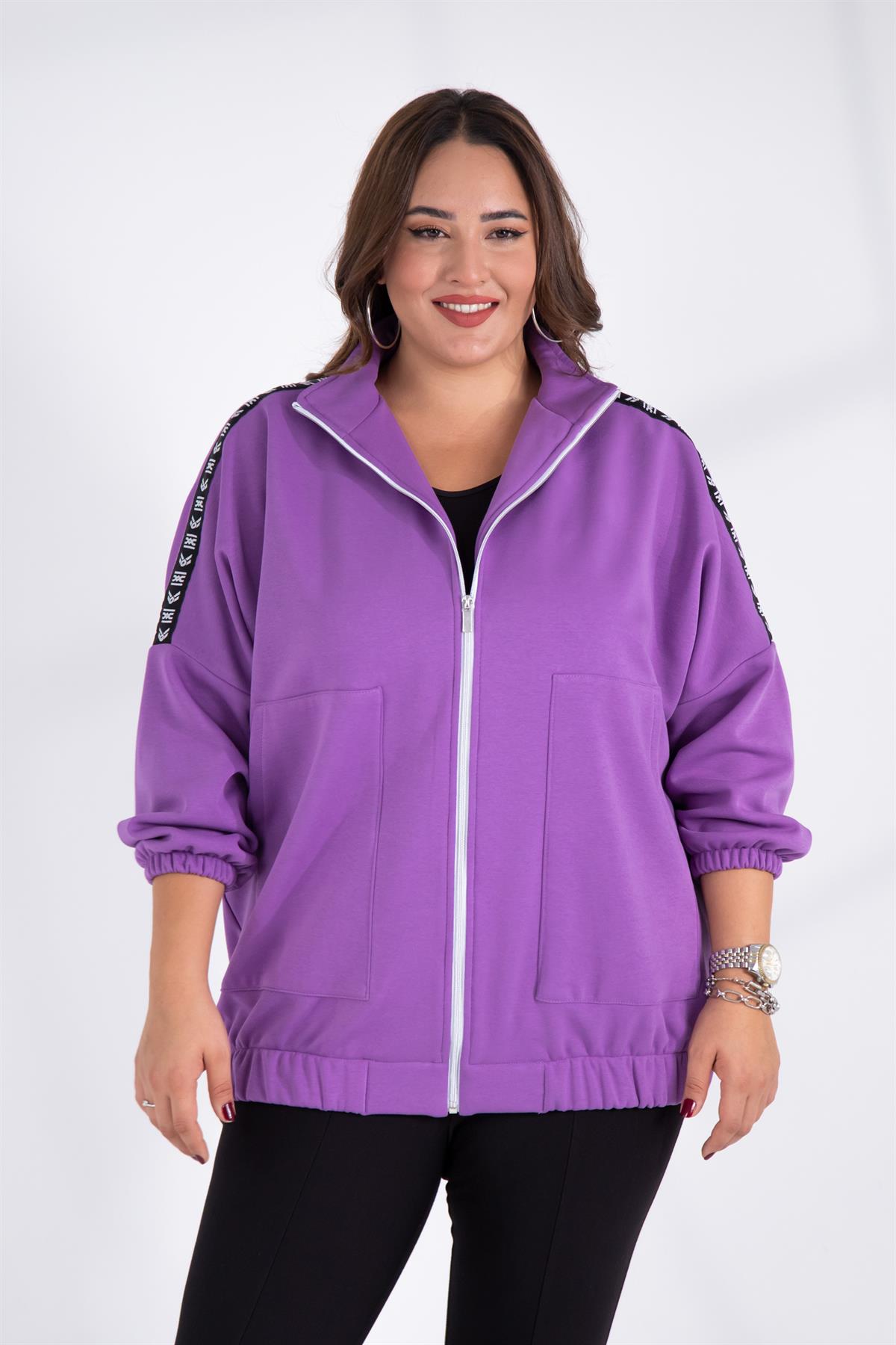 Büyük Beden 333443 Şertli Polar Sweat Lila