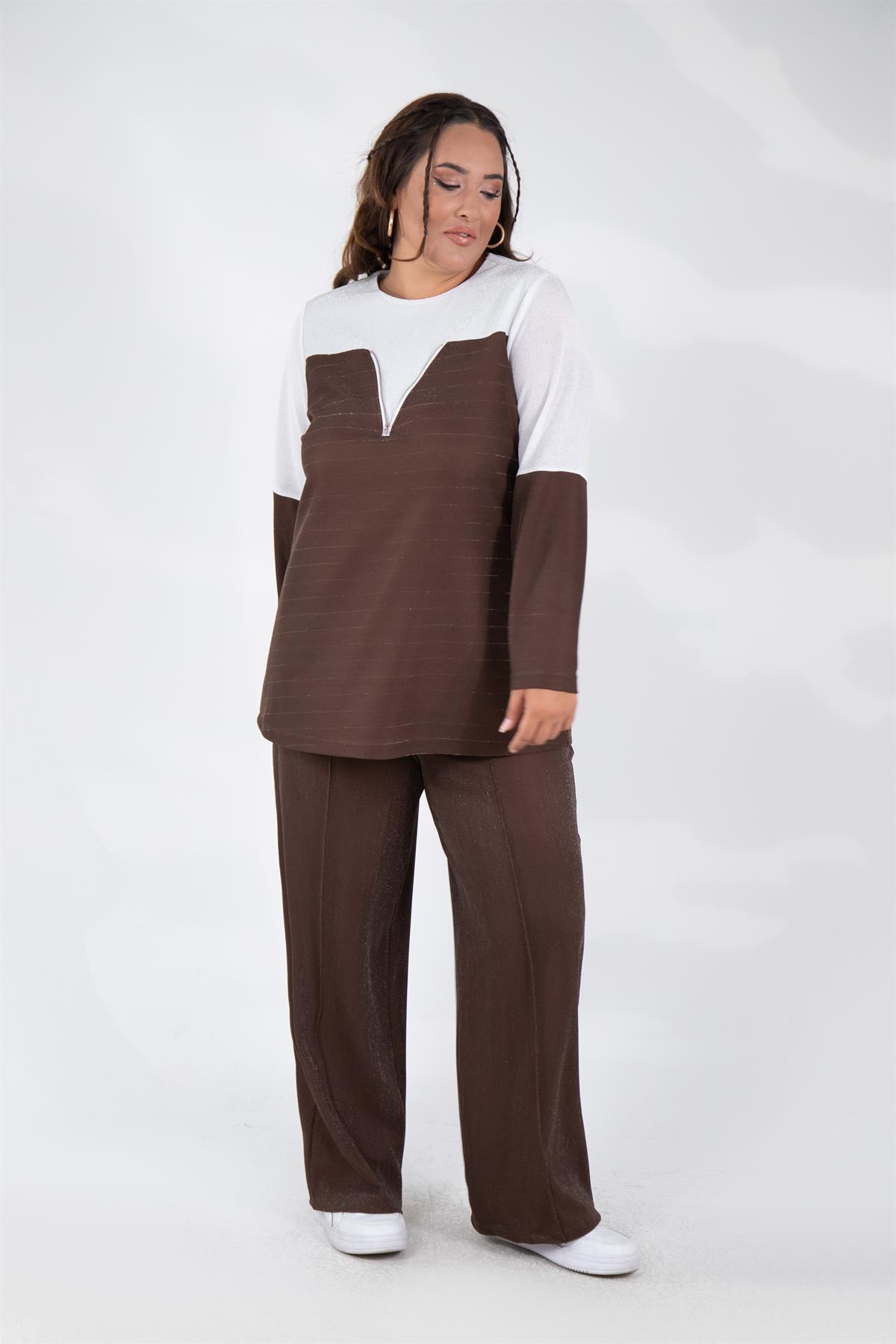 Büyük Beden 333498 Fermuar Detaylı Simli Bluz Kahve-Beyaz