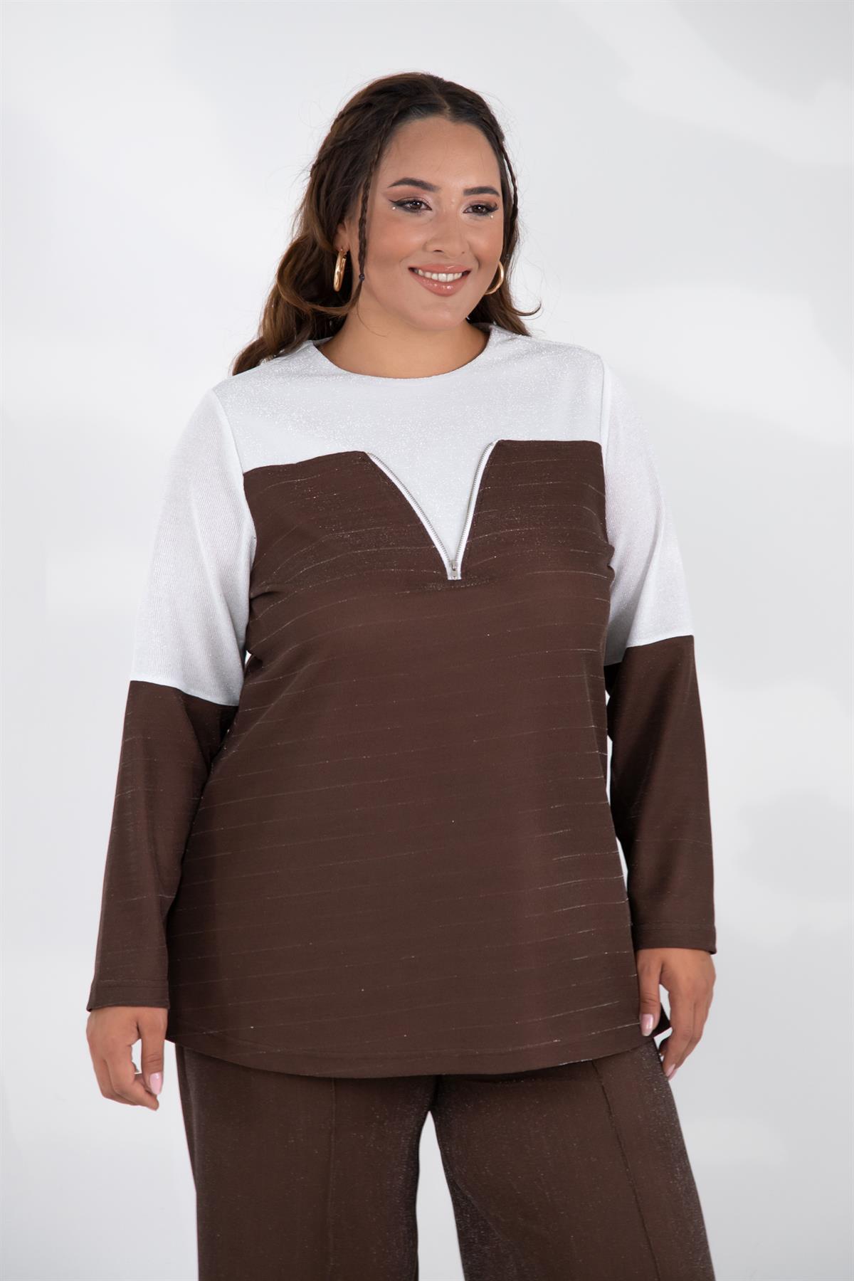 Büyük Beden 333498 Fermuar Detaylı Simli Bluz Kahve-Beyaz
