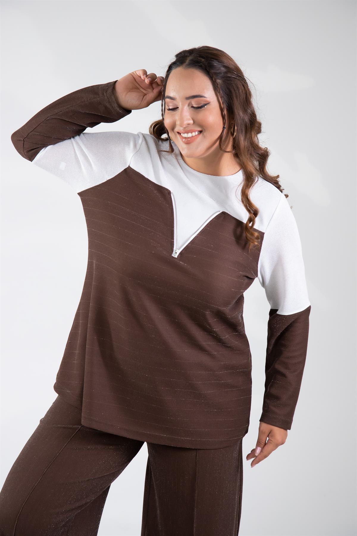 Büyük Beden 333498 Fermuar Detaylı Simli Bluz Kahve-Beyaz