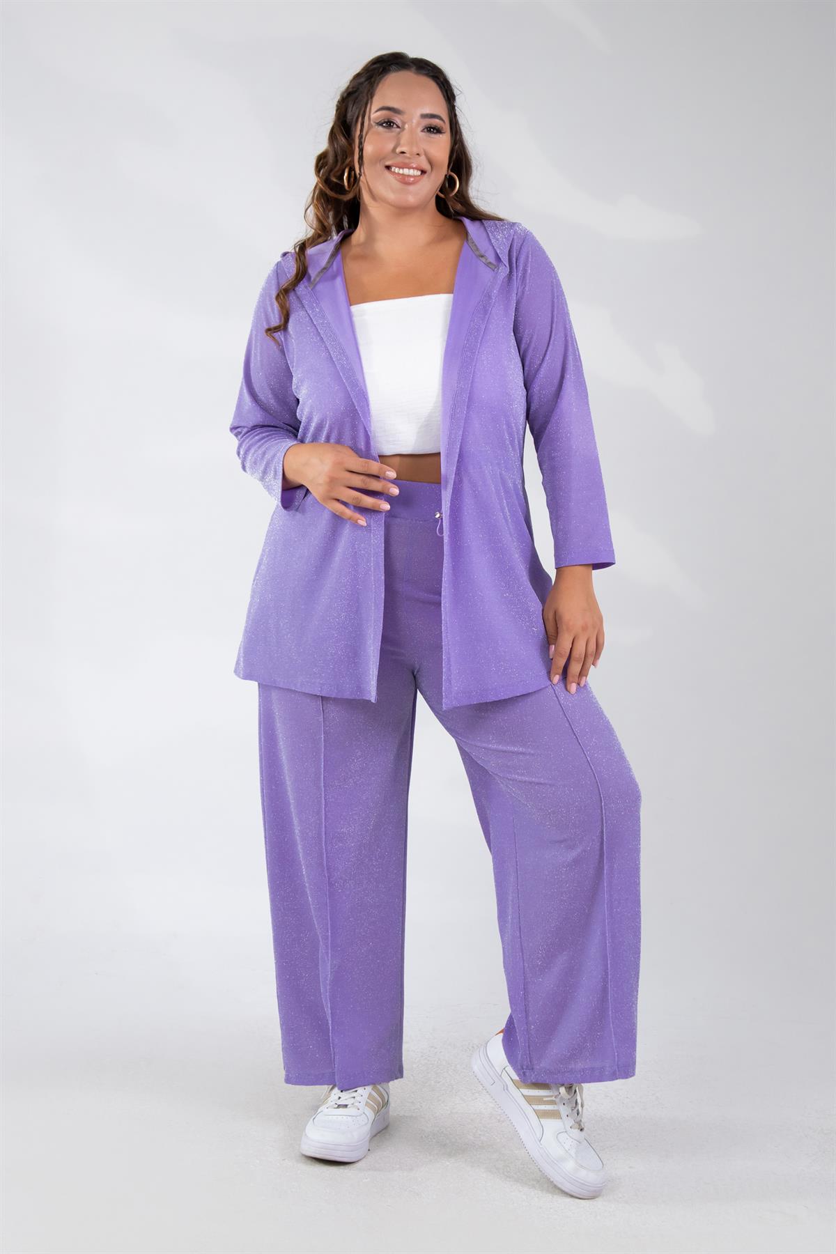 Büyük Beden 333499 Simli-Kapüşonlu Ceket Lila