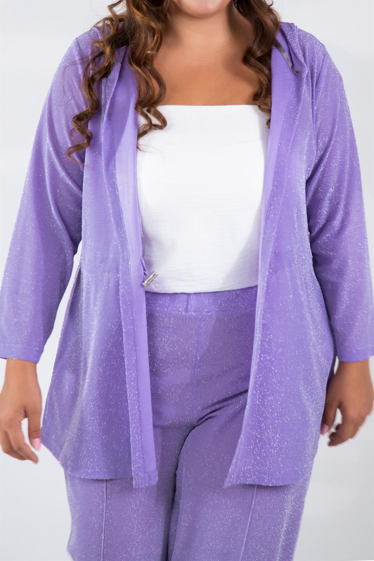 Büyük Beden 333499 Simli-Kapüşonlu Ceket Lila