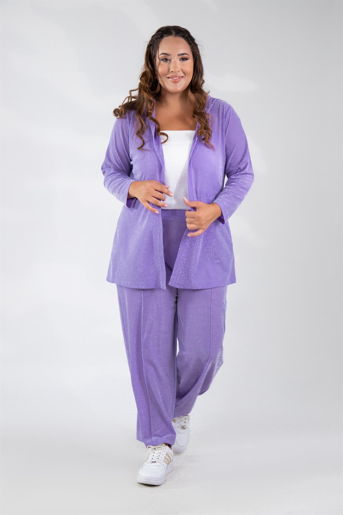 Büyük Beden 333499 Simli-Kapüşonlu Ceket Lila