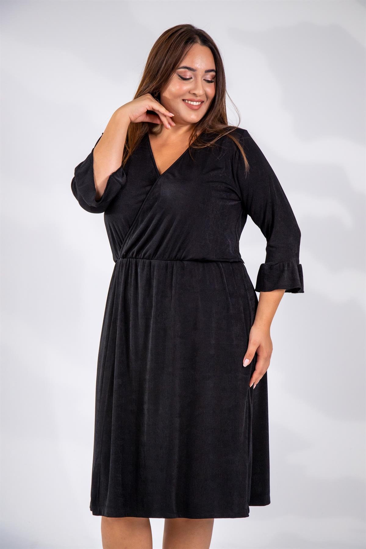 Büyük Beden 333501 Buzzy Kruvaze Yaka Elbise  Siyah