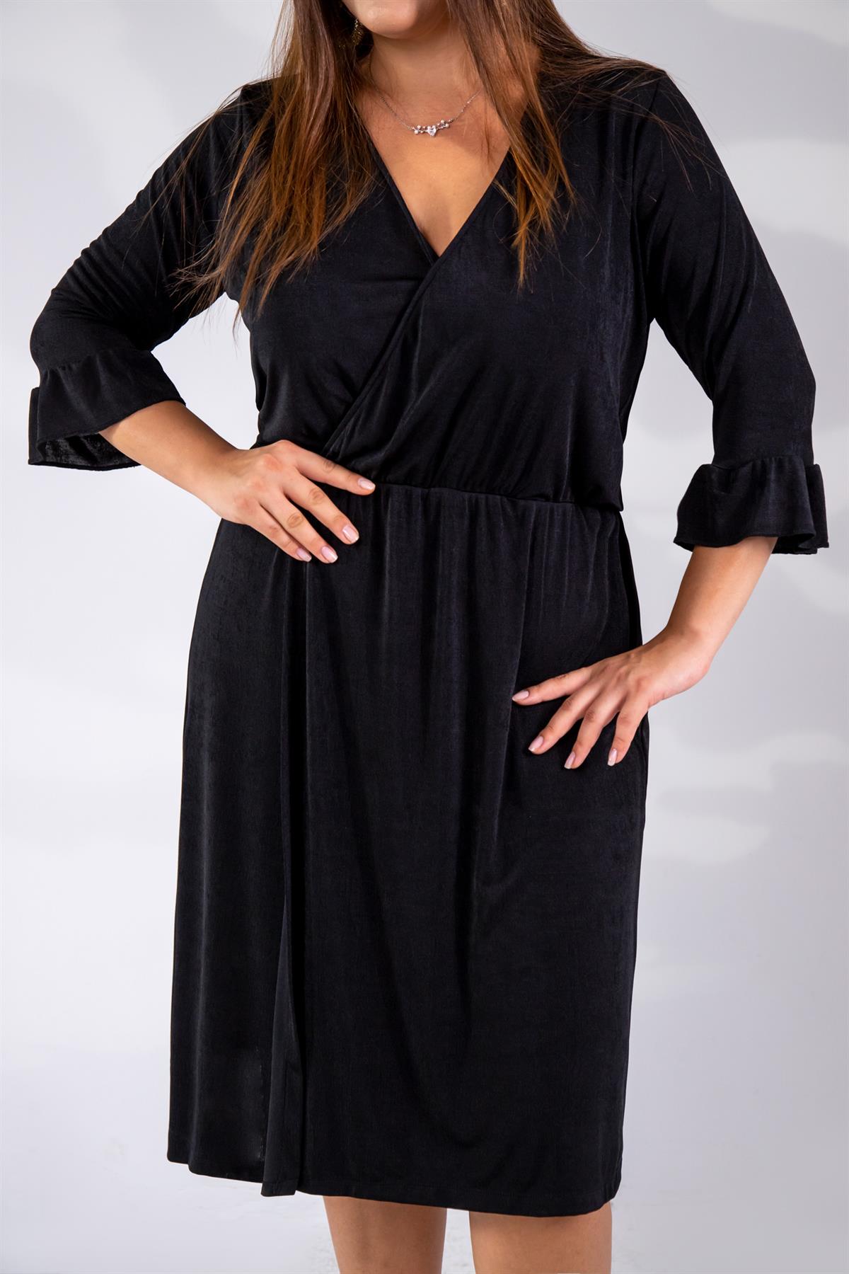 Büyük Beden 333501 Buzzy Kruvaze Yaka Elbise  Siyah