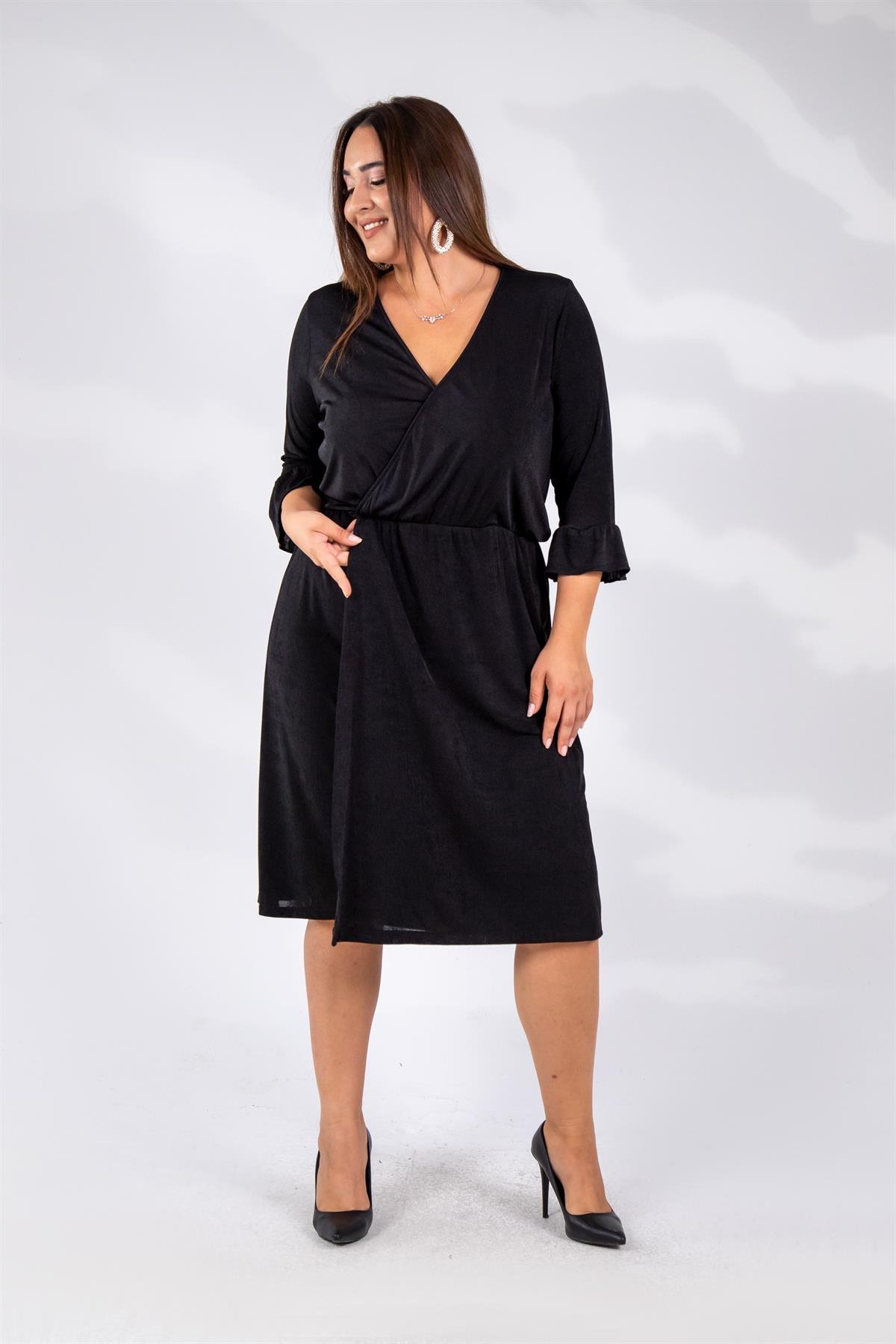 Büyük Beden 333501 Buzzy Kruvaze Yaka Elbise  Siyah