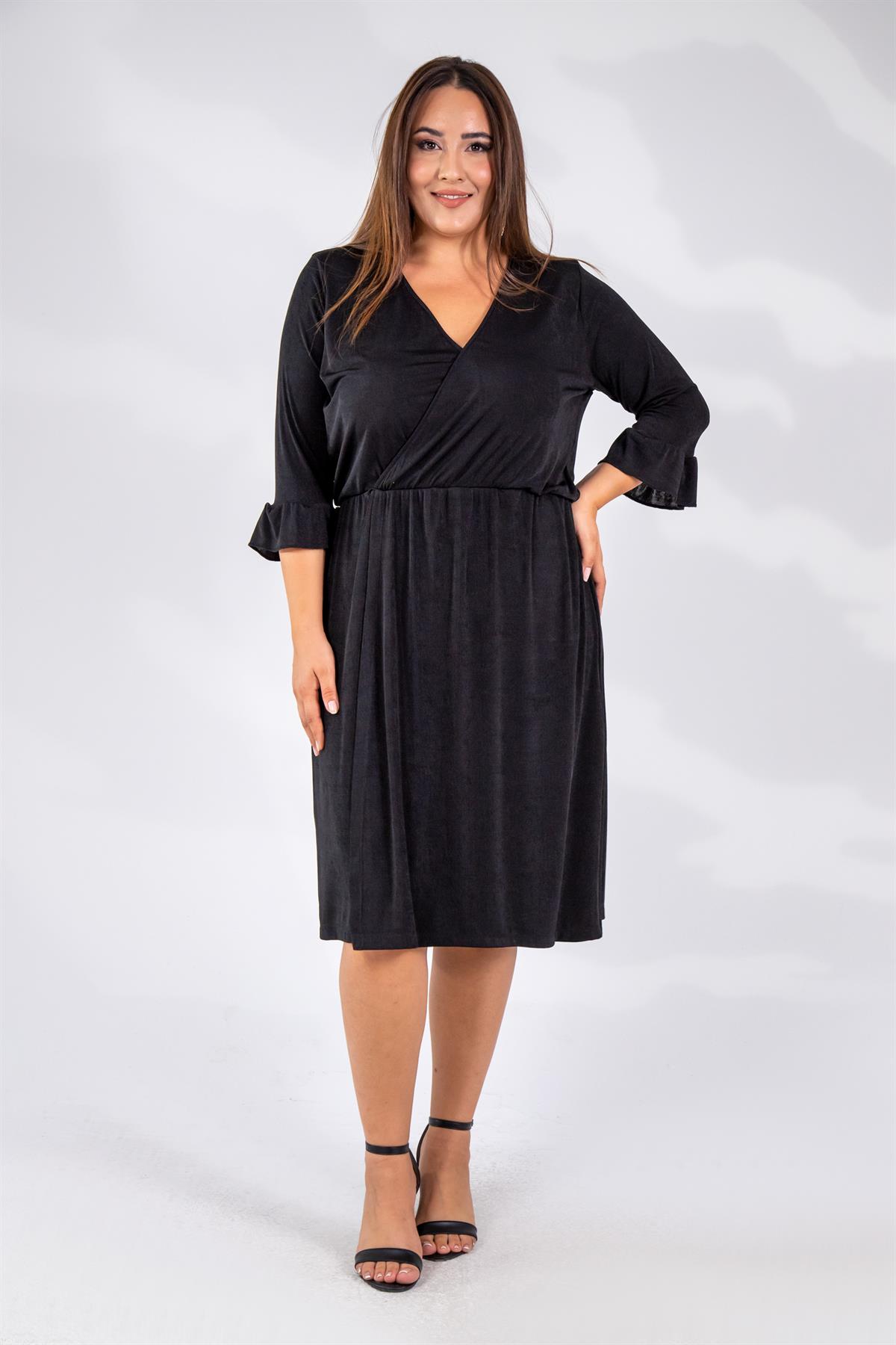 Büyük Beden 333501 Buzzy Kruvaze Yaka Elbise  Siyah