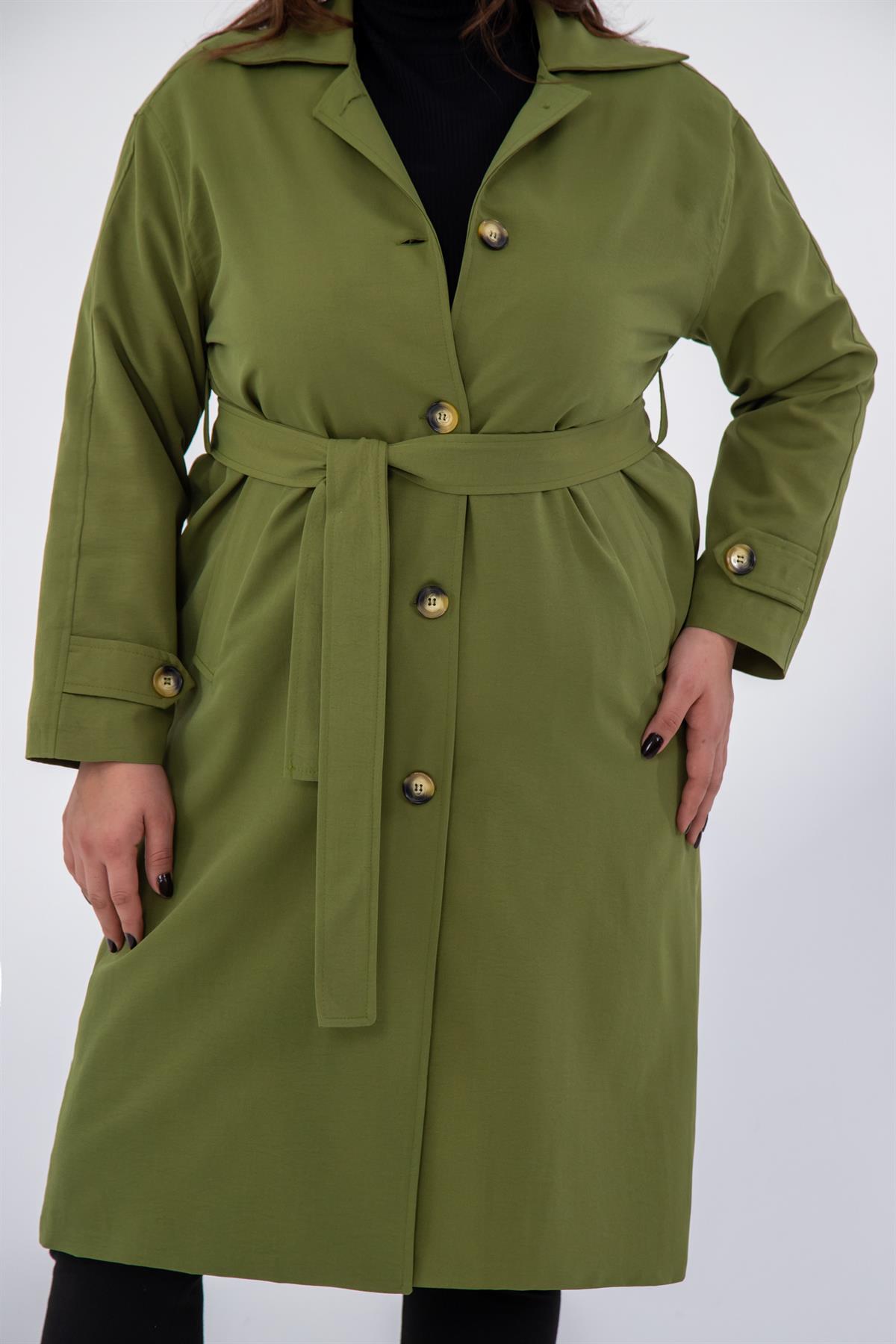 Büyük Beden 333572 Düğme Detaylı Trençkot  Haki