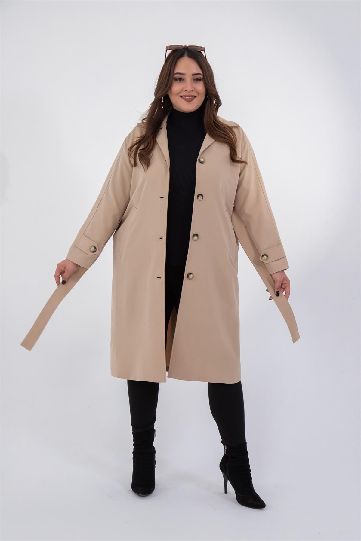 Büyük Beden 333572 Düğme Detaylı Trençkot  Bej
