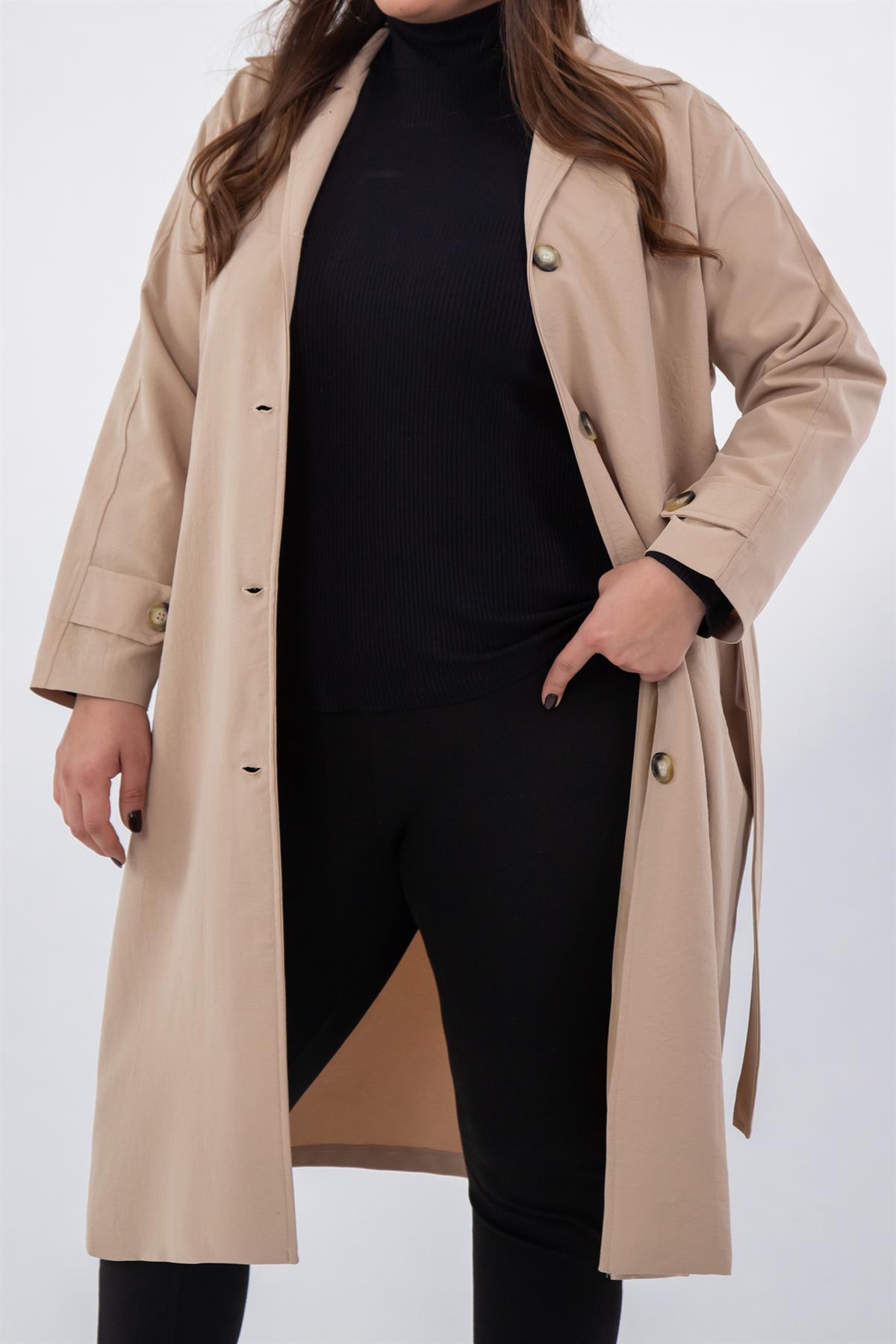 Büyük Beden 333572 Düğme Detaylı Trençkot  Bej