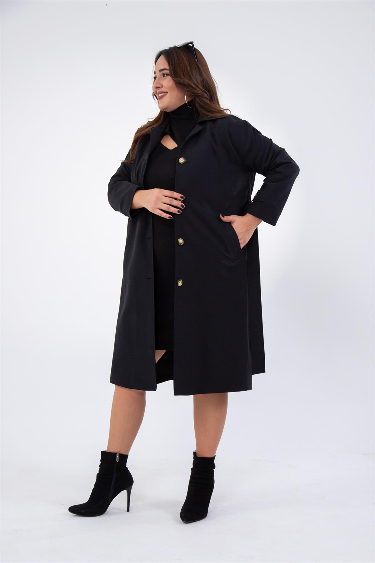Büyük Beden 333572 Düğme Detaylı Trençkot  Siyah