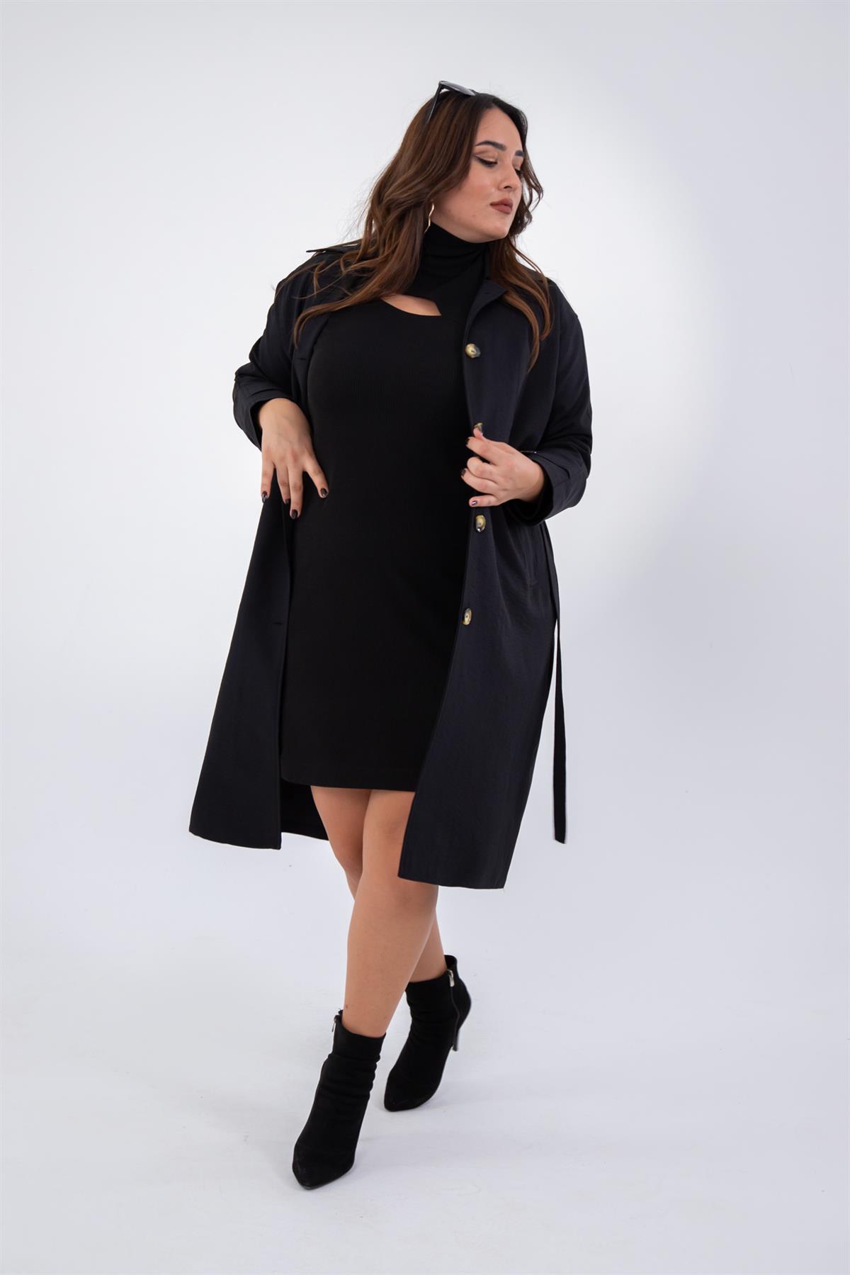 Büyük Beden 333572 Düğme Detaylı Trençkot  Siyah
