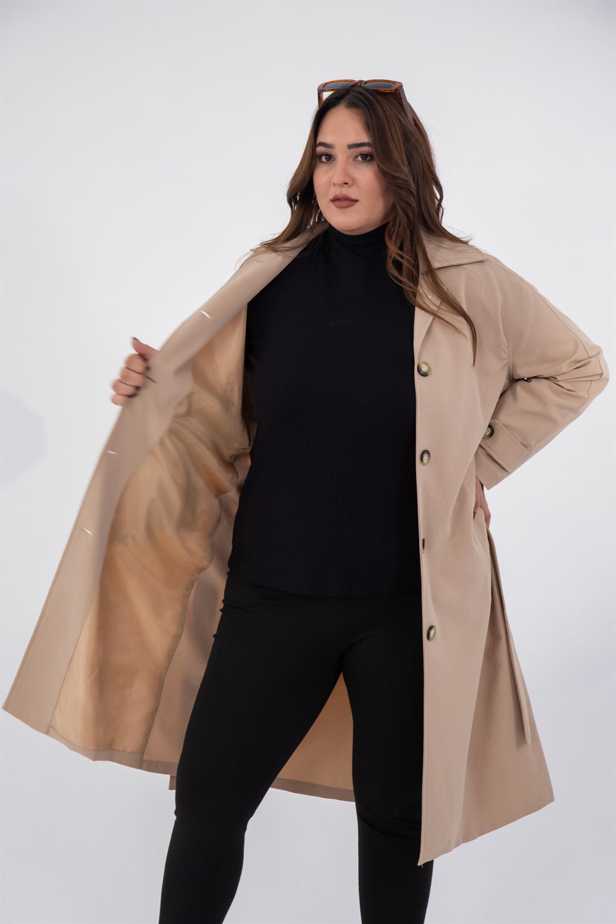 Büyük Beden 333572 Düğme Detaylı Trençkot  Bej