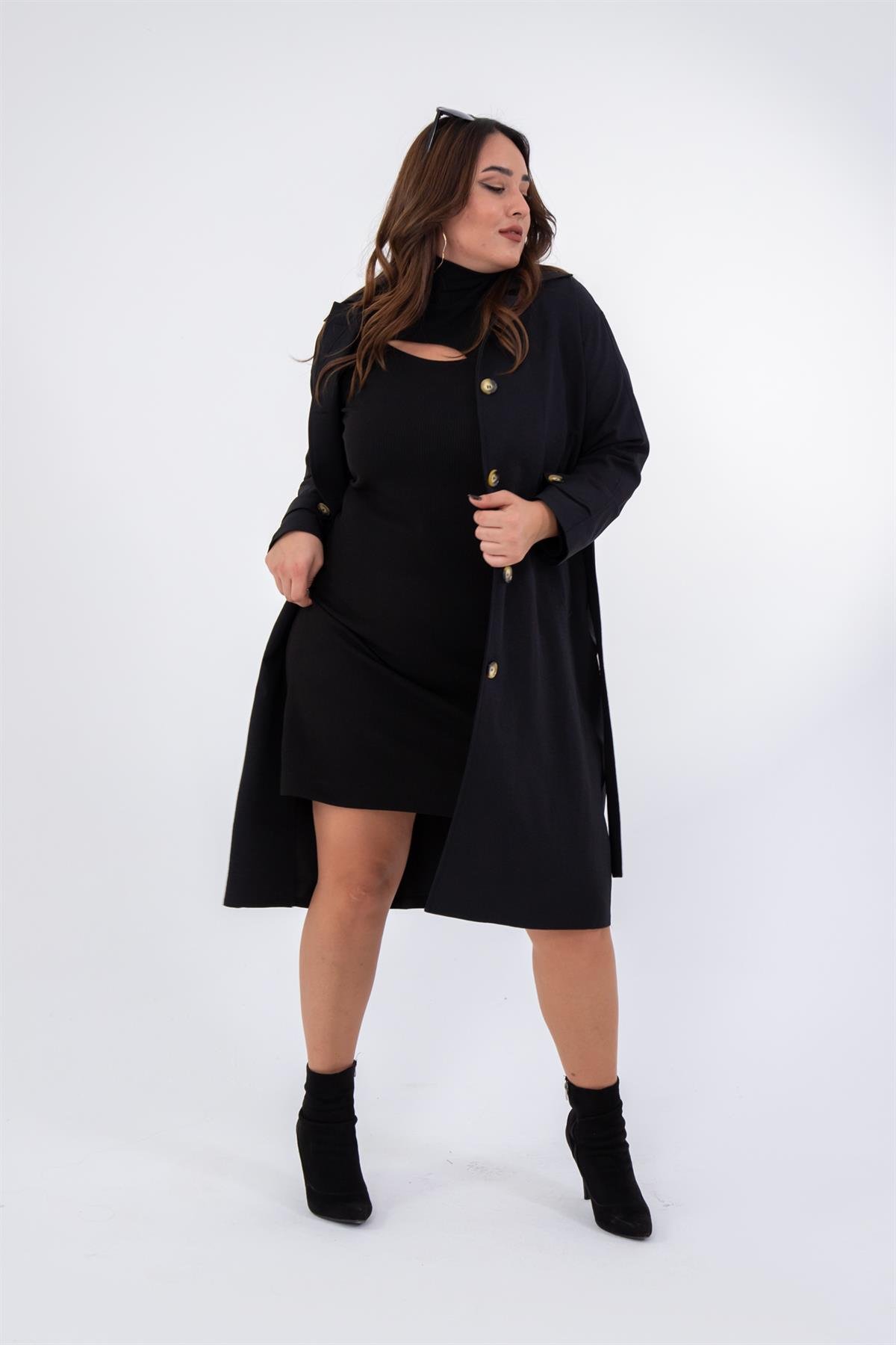 Büyük Beden 333572 Düğme Detaylı Trençkot  Siyah