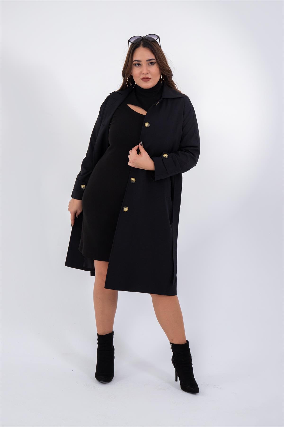 Büyük Beden 333572 Düğme Detaylı Trençkot  Siyah
