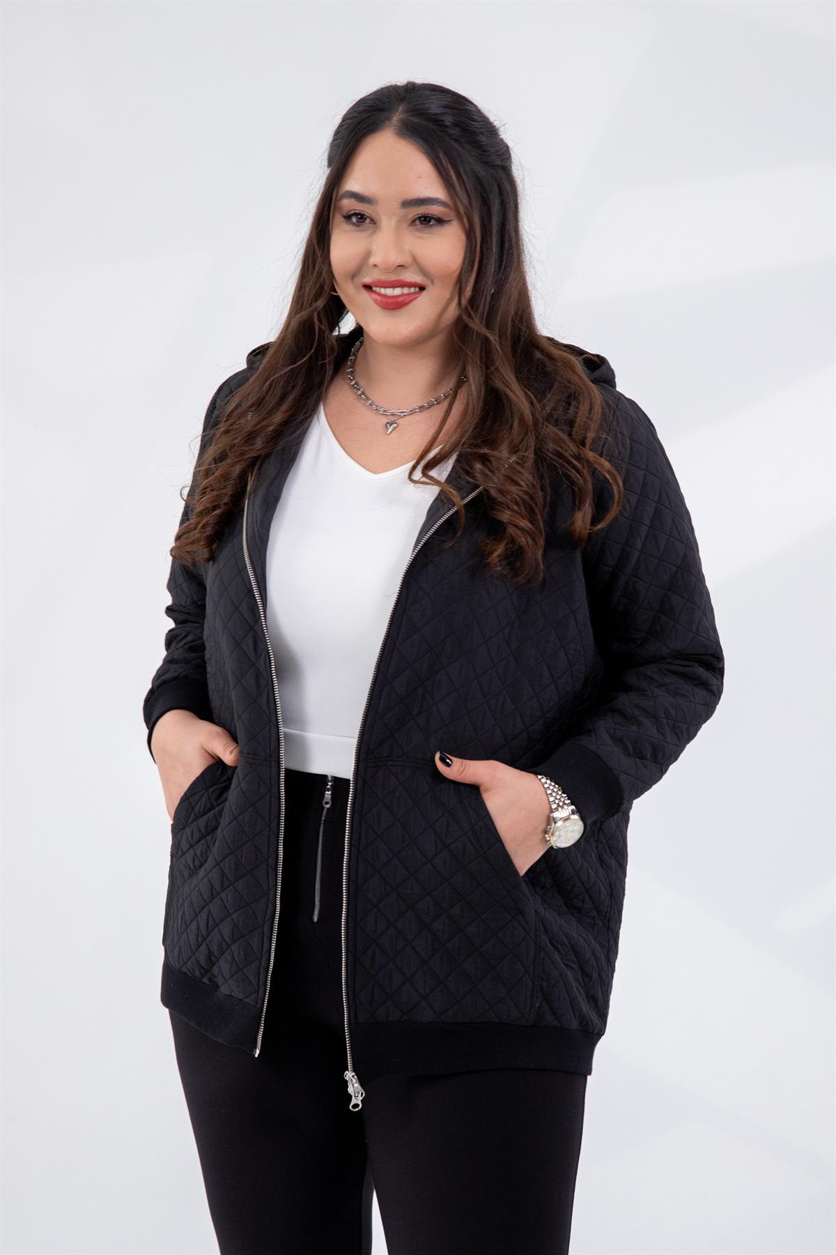 Büyük Beden 333581 Kapüşonlu Kapitone İnce  Mont Siyah