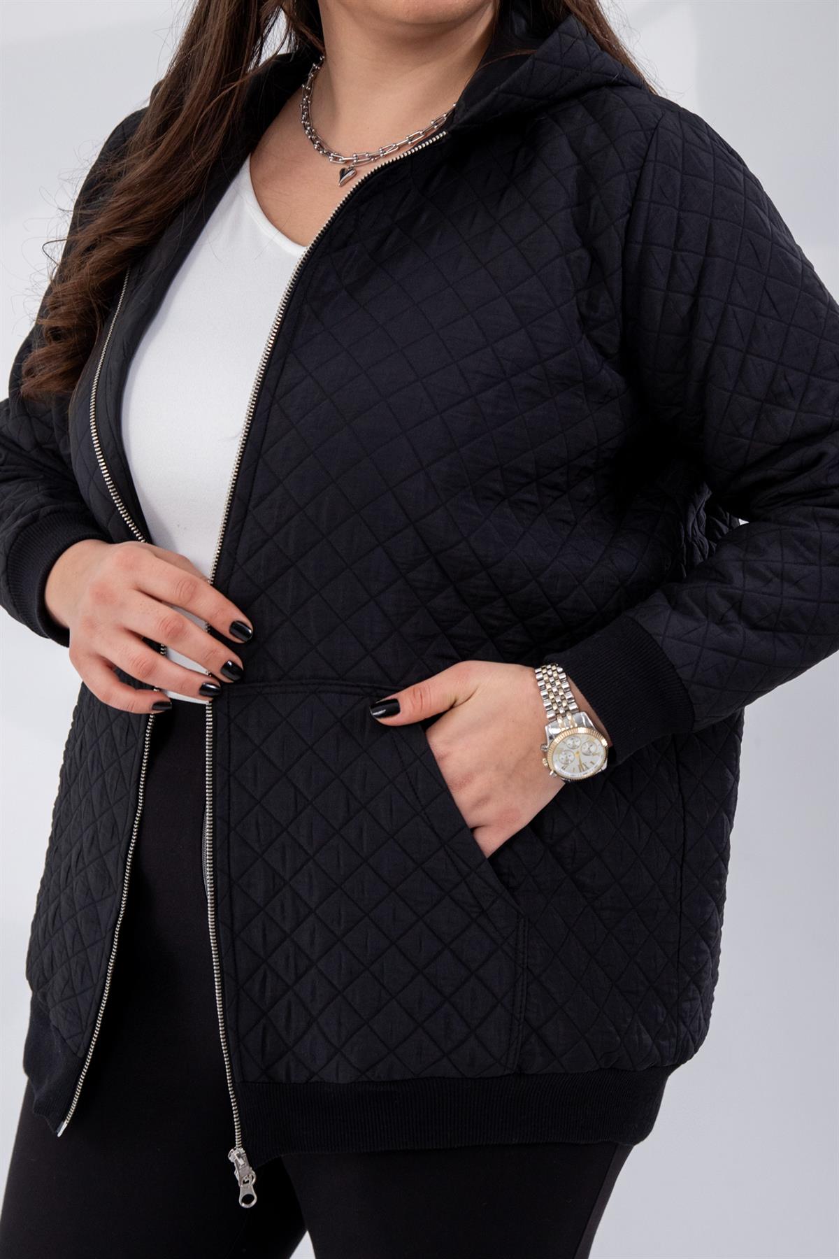 Büyük Beden 333581 Kapüşonlu Kapitone İnce  Mont Siyah