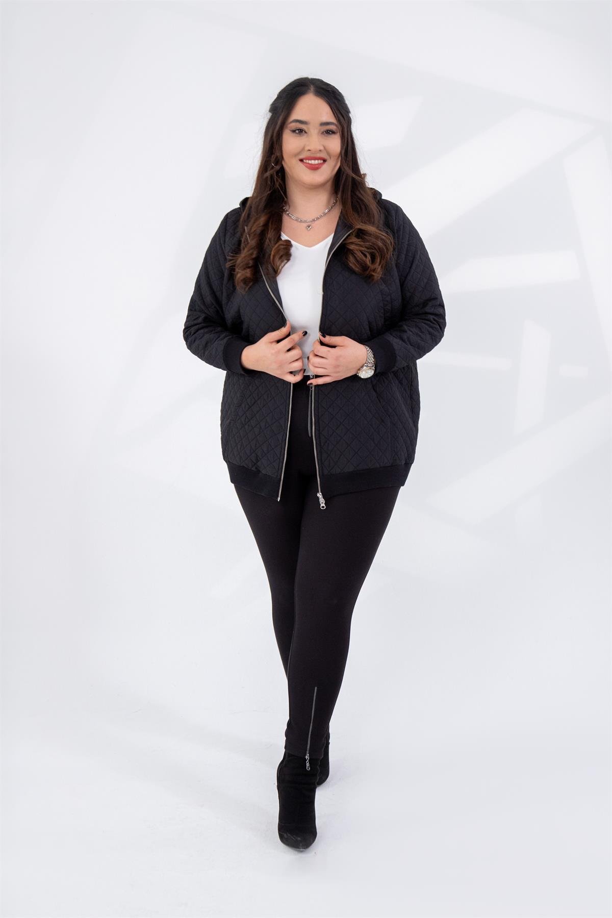 Büyük Beden 333581 Kapüşonlu Kapitone İnce  Mont Siyah