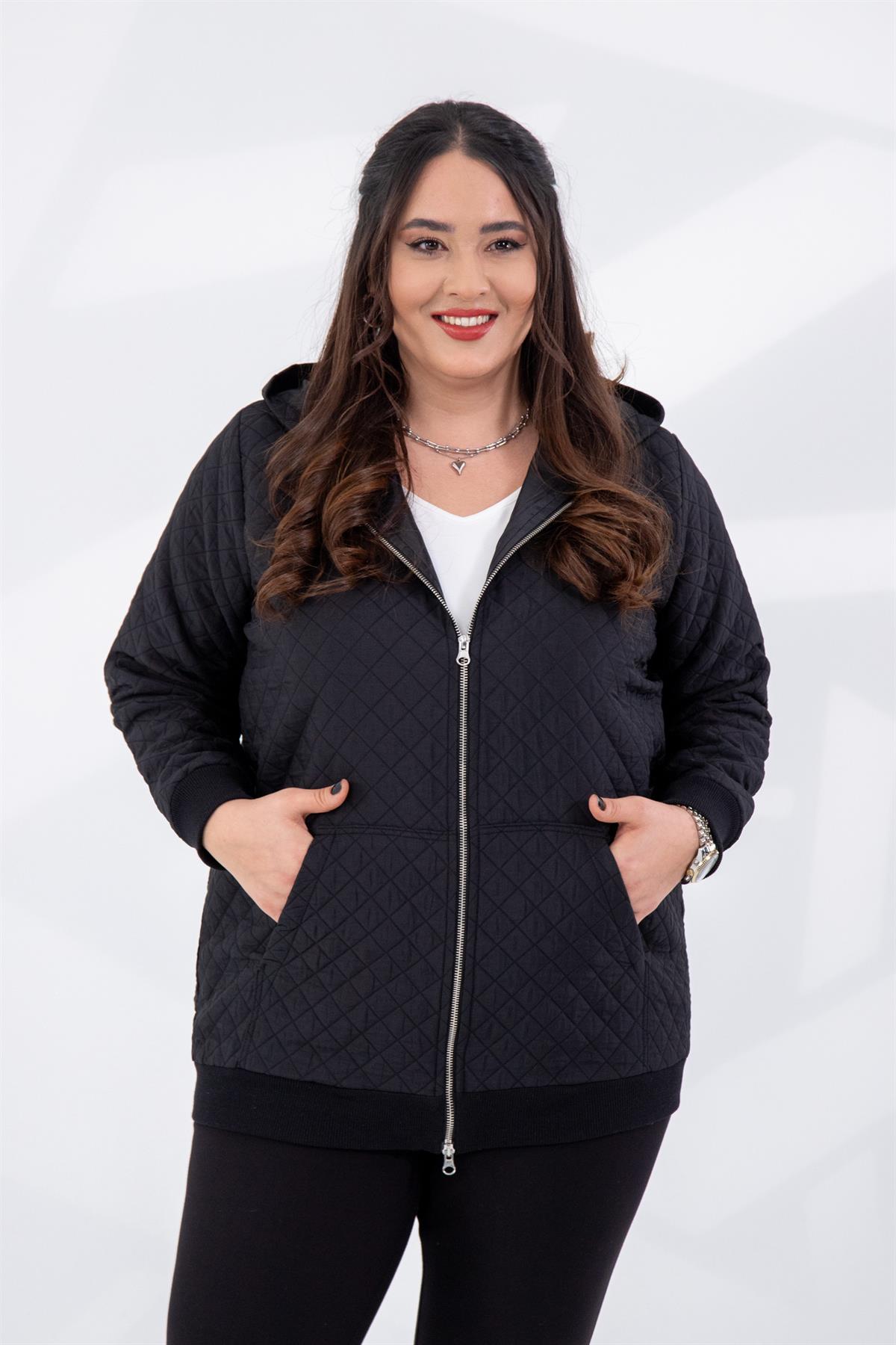 Büyük Beden 333581 Kapüşonlu Kapitone İnce  Mont Siyah