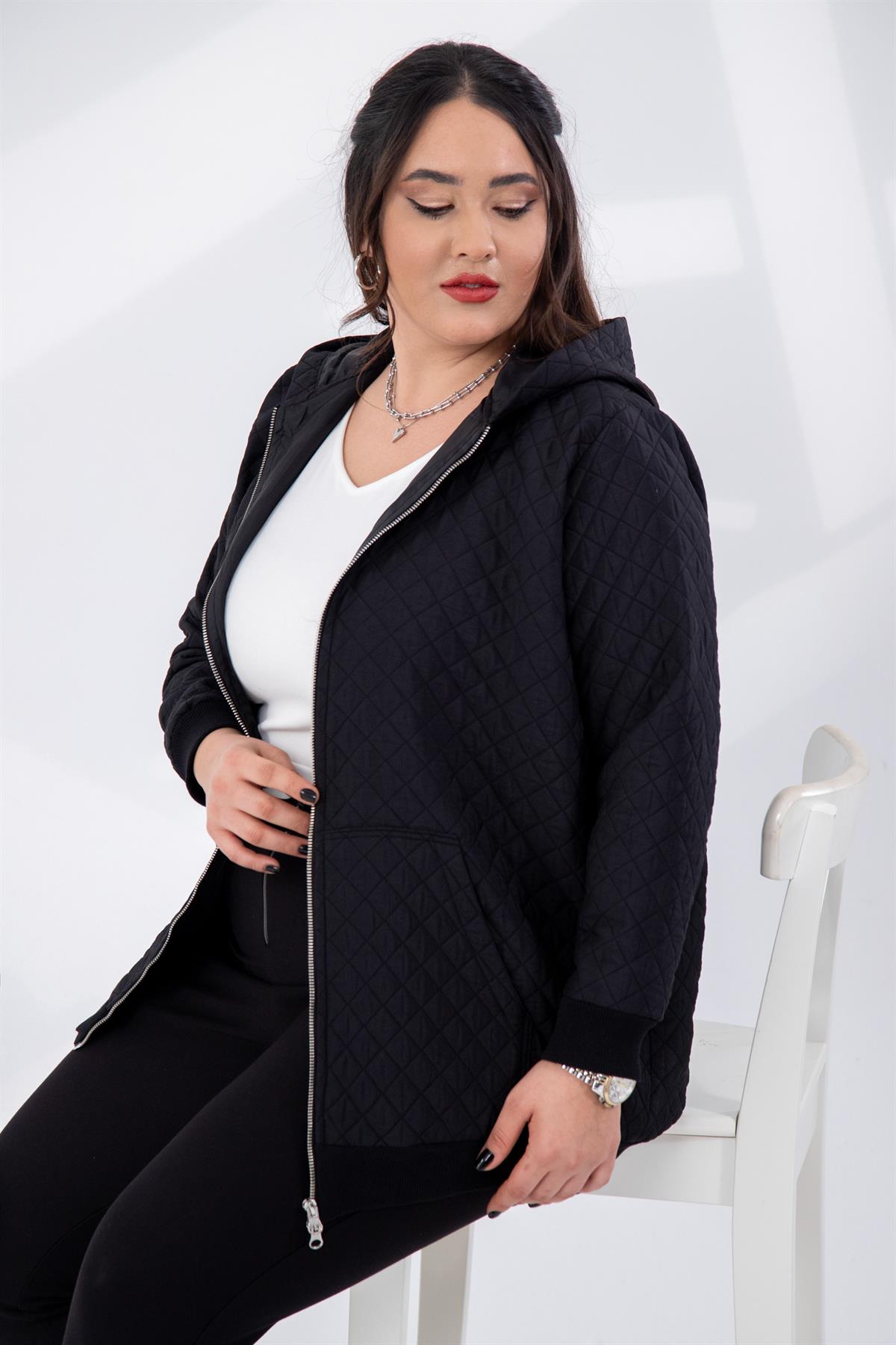 Büyük Beden 333581 Kapüşonlu Kapitone İnce  Mont Siyah