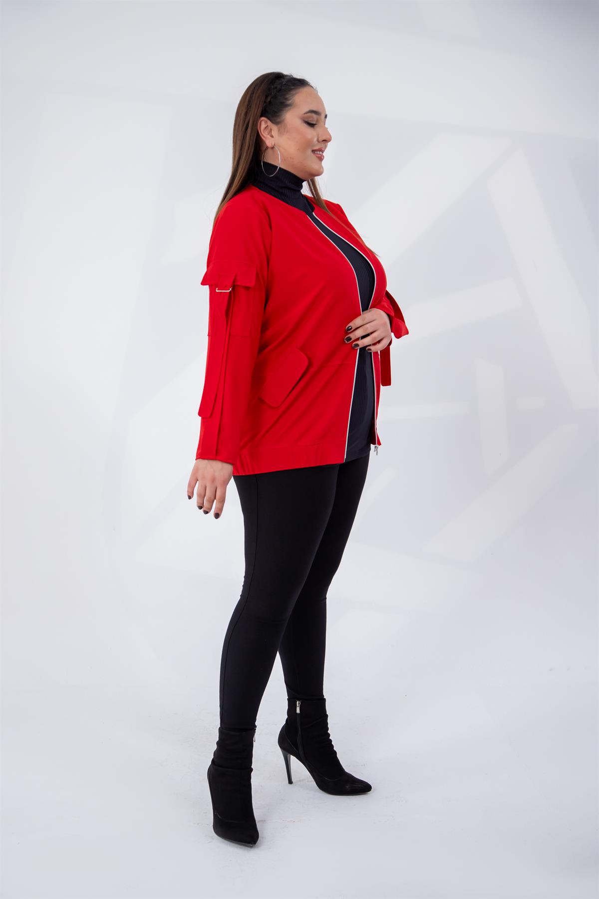 Büyük Beden 333585 Cep Kol Detaylı Ceket  Kırmızı