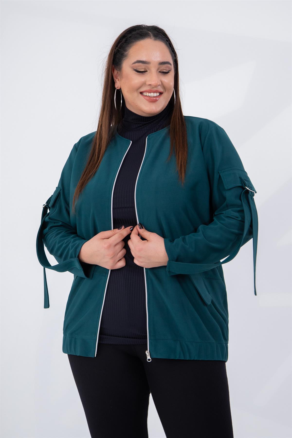 Büyük Beden 333585 Cep Kol Detaylı Ceket  Zümrüt Yeşil