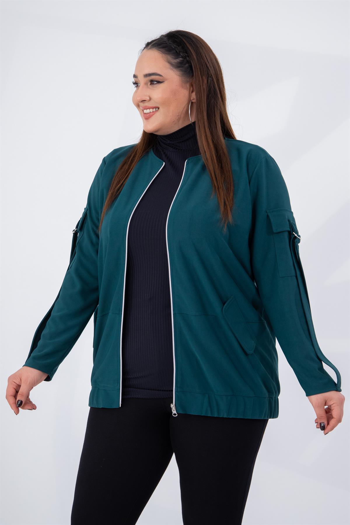 Büyük Beden 333585 Cep Kol Detaylı Ceket  Zümrüt Yeşil