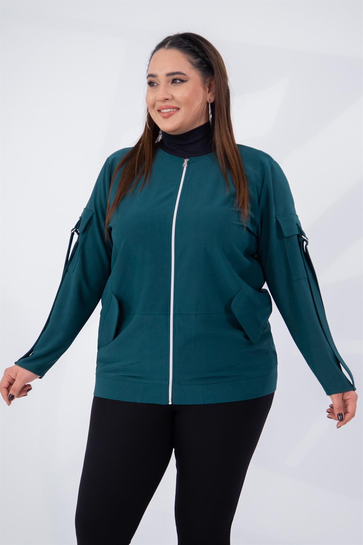 Büyük Beden 333585 Cep Kol Detaylı Ceket  Zümrüt Yeşil