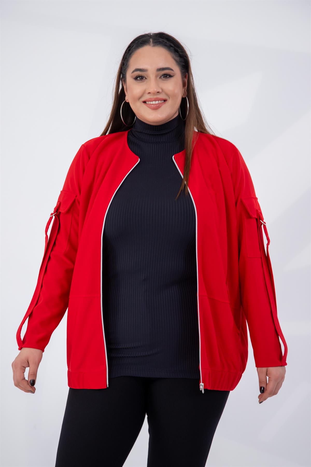 Büyük Beden 333585 Cep Kol Detaylı Ceket  Kırmızı