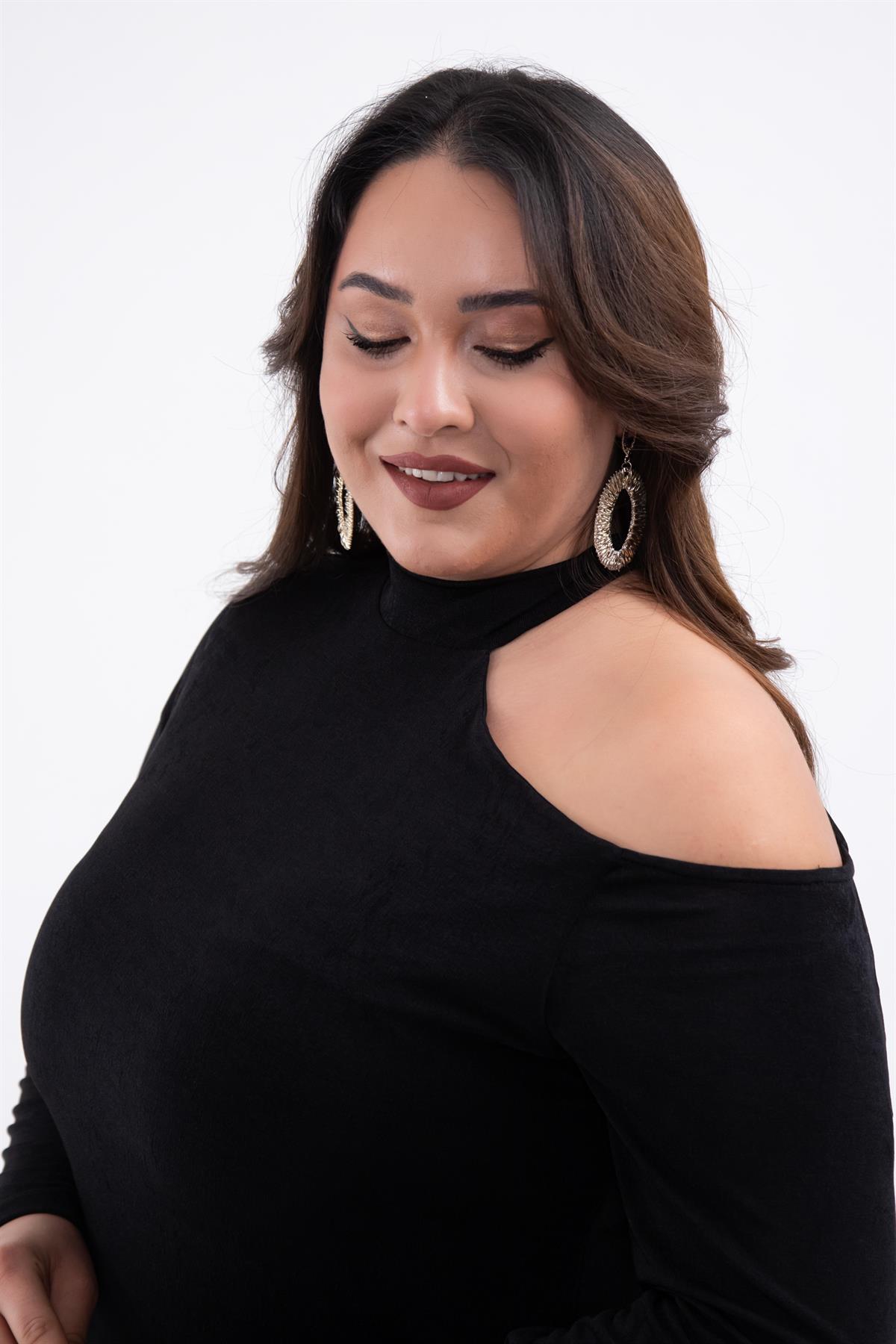 Büyük Beden 333642 Tek Omuz Açık Elbise  Siyah