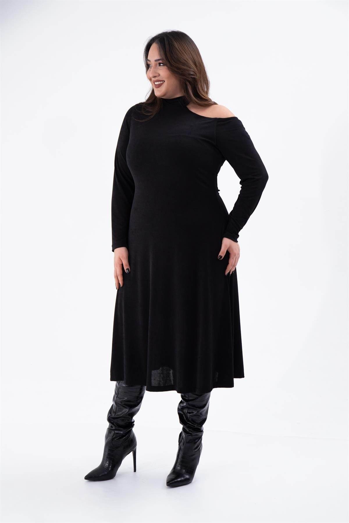 Büyük Beden 333642 Tek Omuz Açık Elbise  Siyah