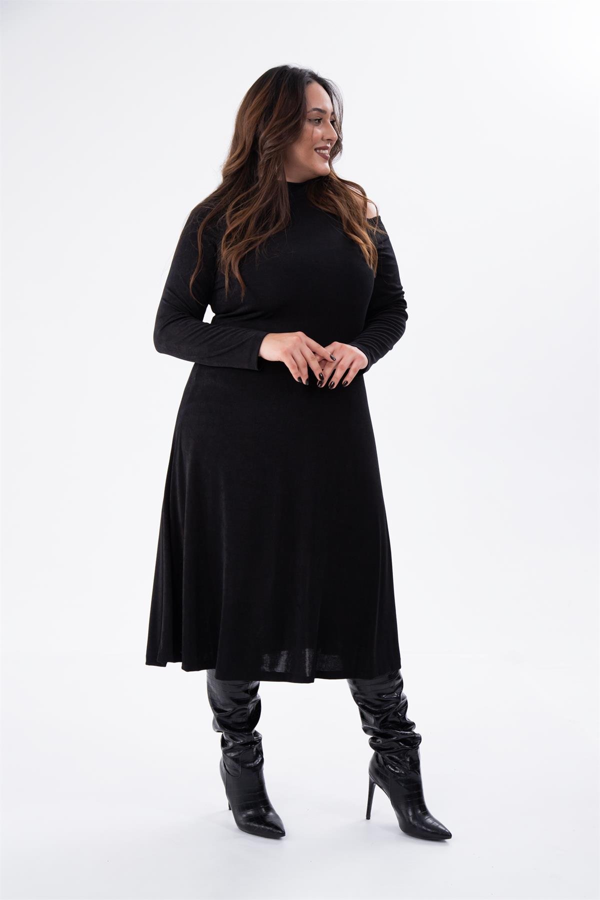 Büyük Beden 333642 Tek Omuz Açık Elbise  Siyah