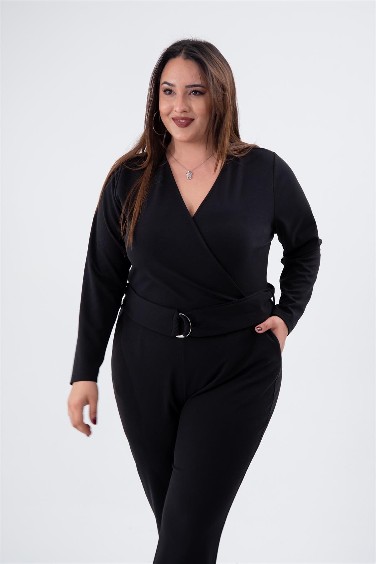 Büyük Beden 333654  Kruvaze Yaka Tulum  Siyah