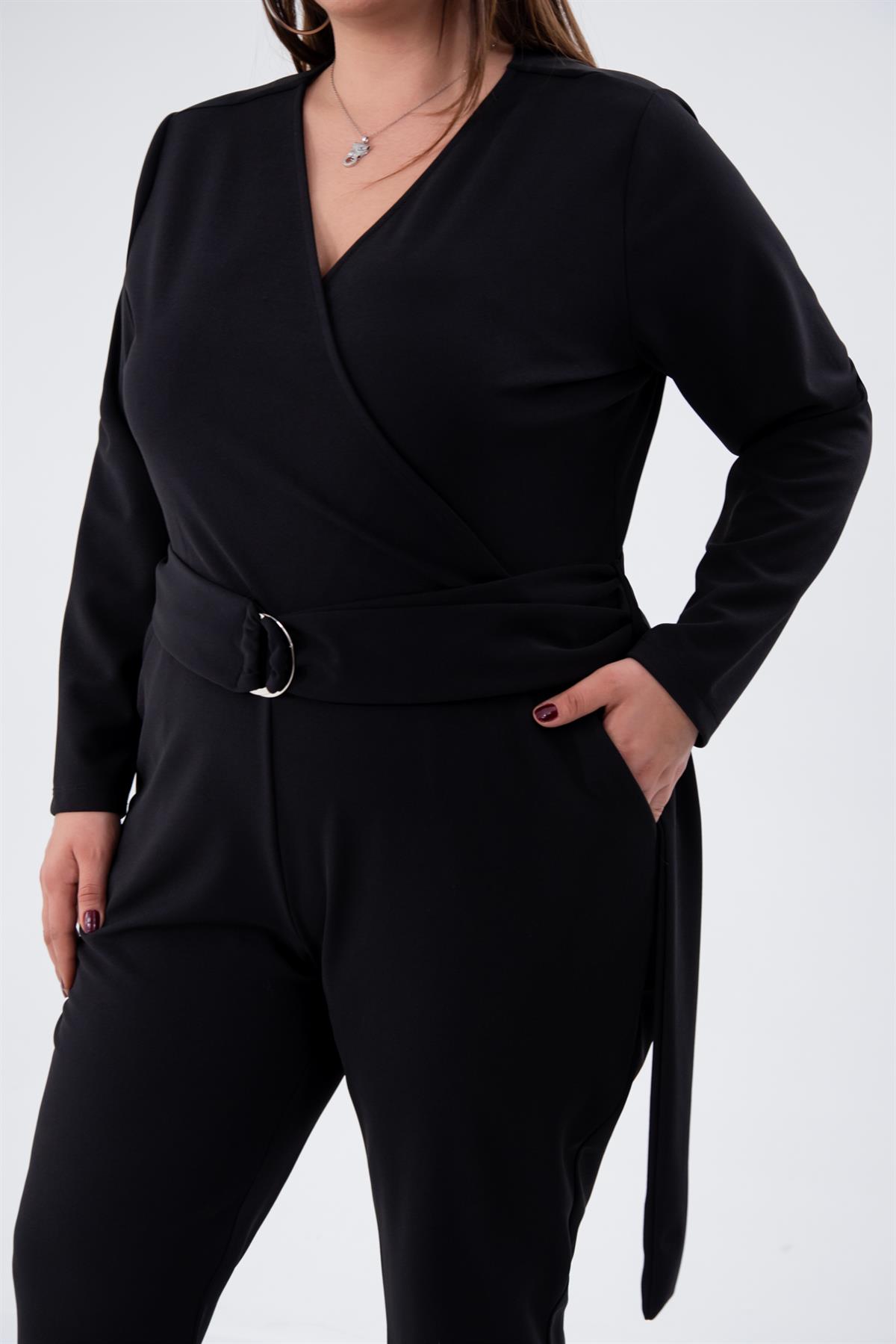 Büyük Beden 333654  Kruvaze Yaka Tulum  Siyah