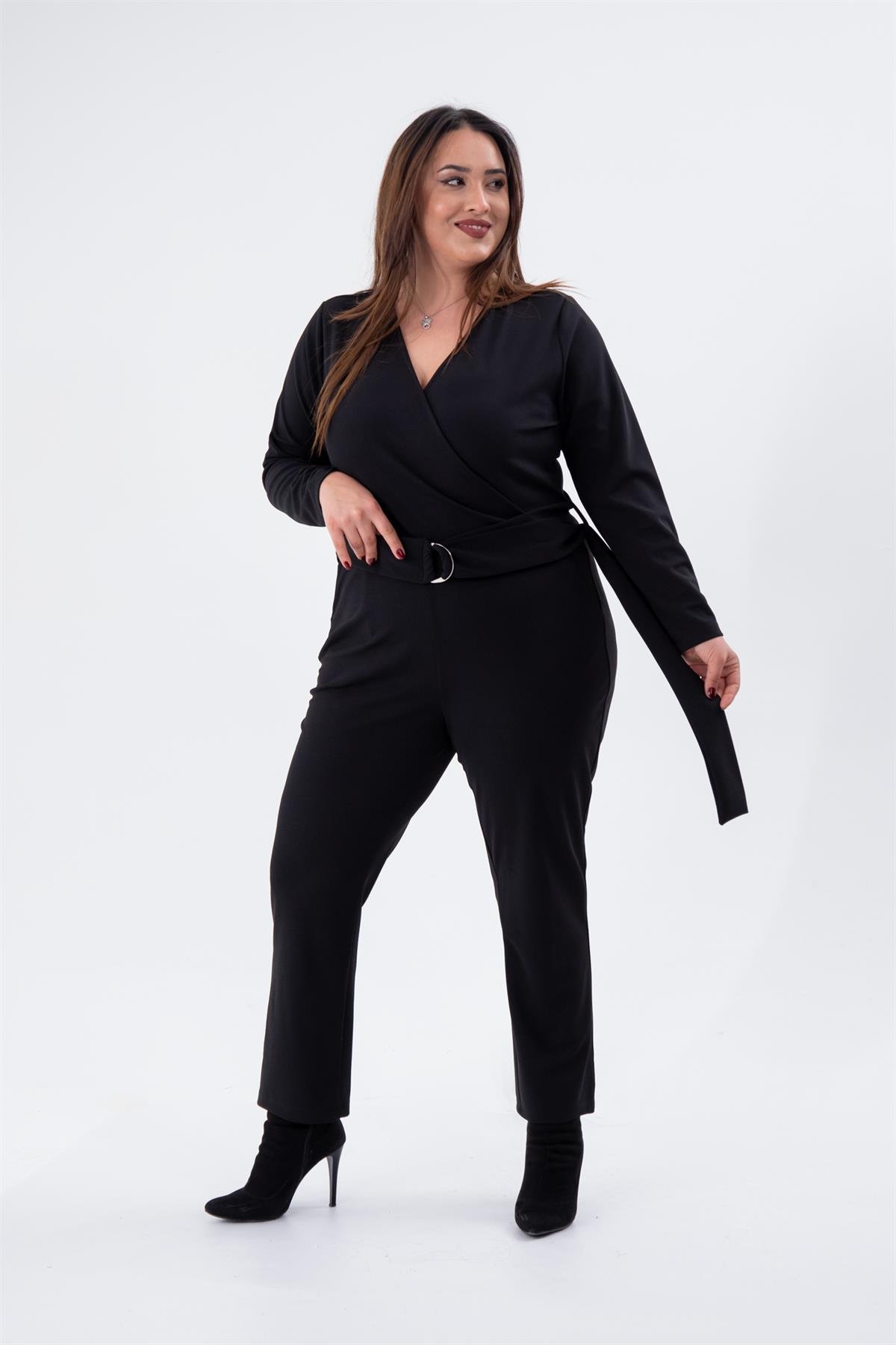 Büyük Beden 333654  Kruvaze Yaka Tulum  Siyah