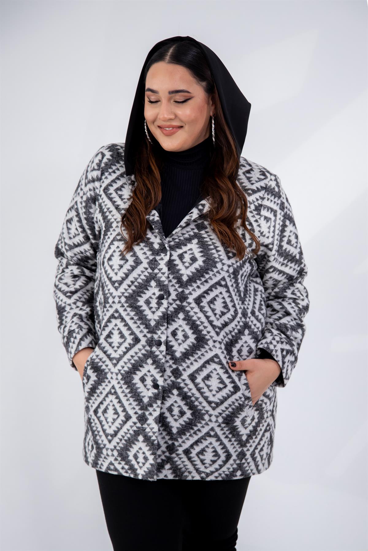 Büyük Beden 333658 Desenli Ceket  Gri Etnik 