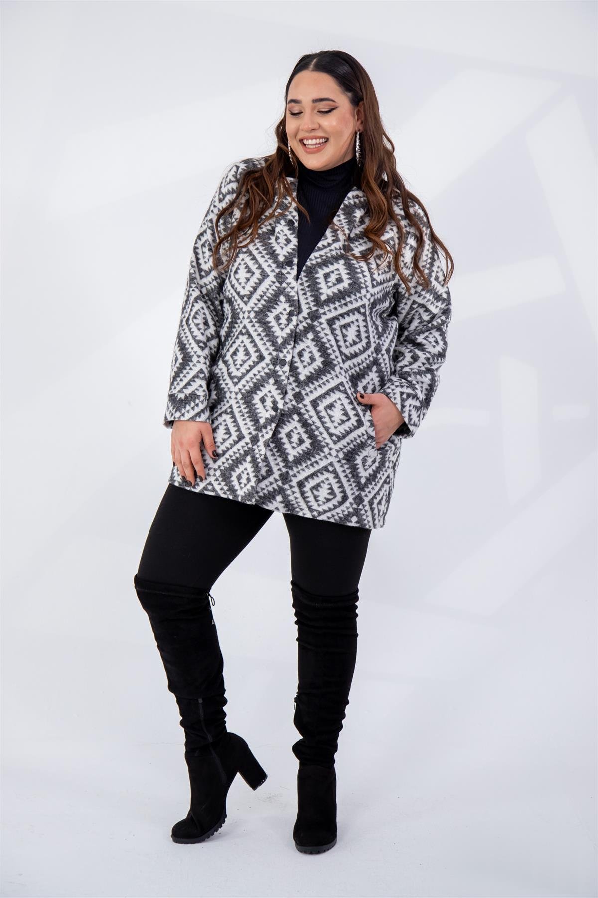 Büyük Beden 333658 Desenli Ceket  Gri Etnik 
