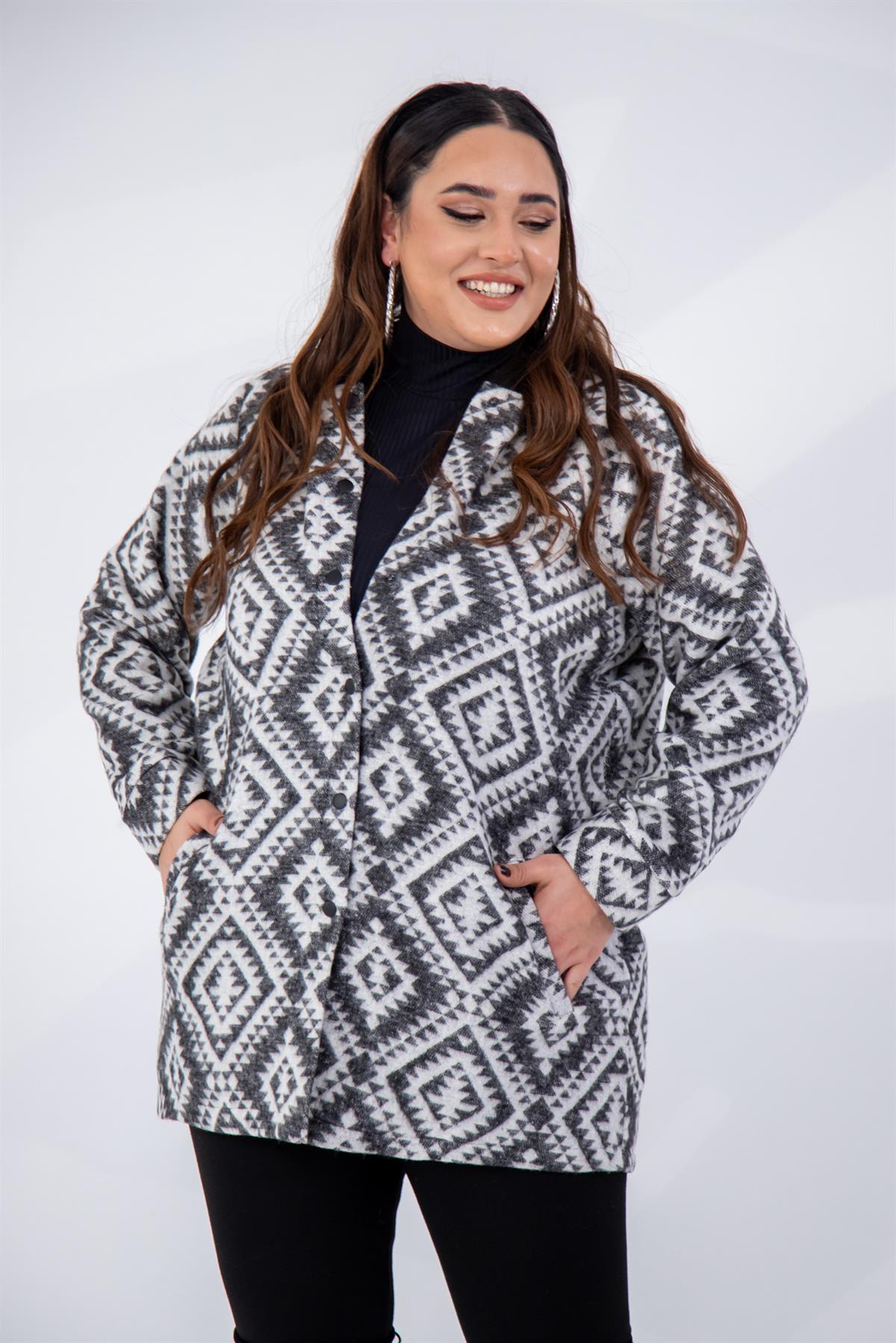 Büyük Beden 333658 Desenli Ceket  Gri Etnik 