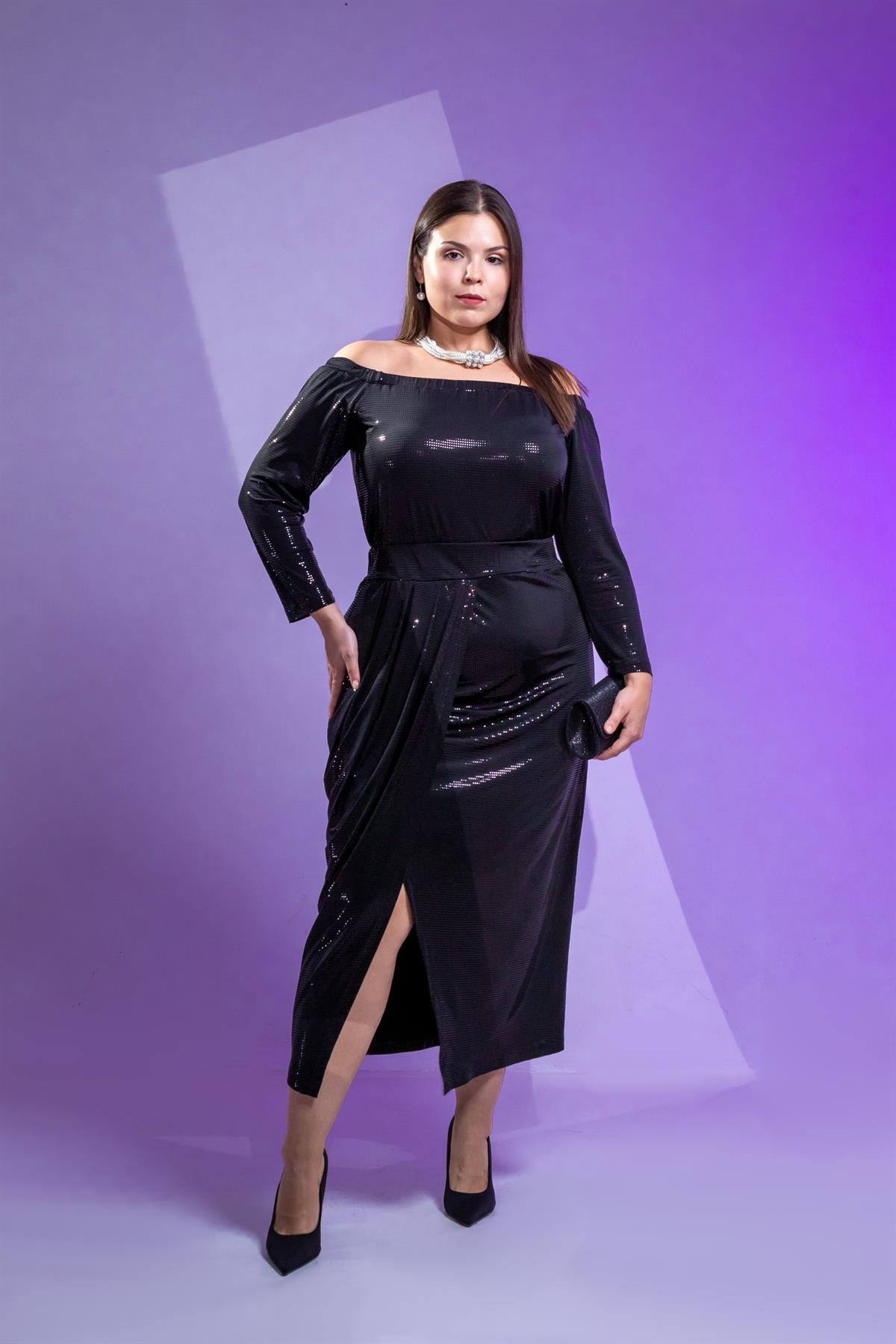 Büyük Beden 333670 Omuzu Açık Yırtmaçlı Elbise  Siyah-Pulpayet