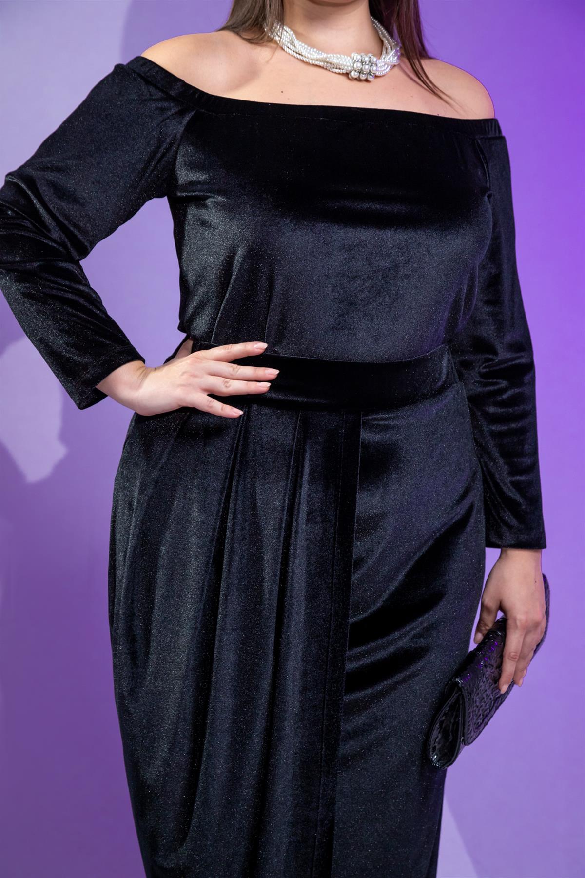 Büyük Beden 333670 Omuzu Açık Yırtmaçlı Elbise  Siyah