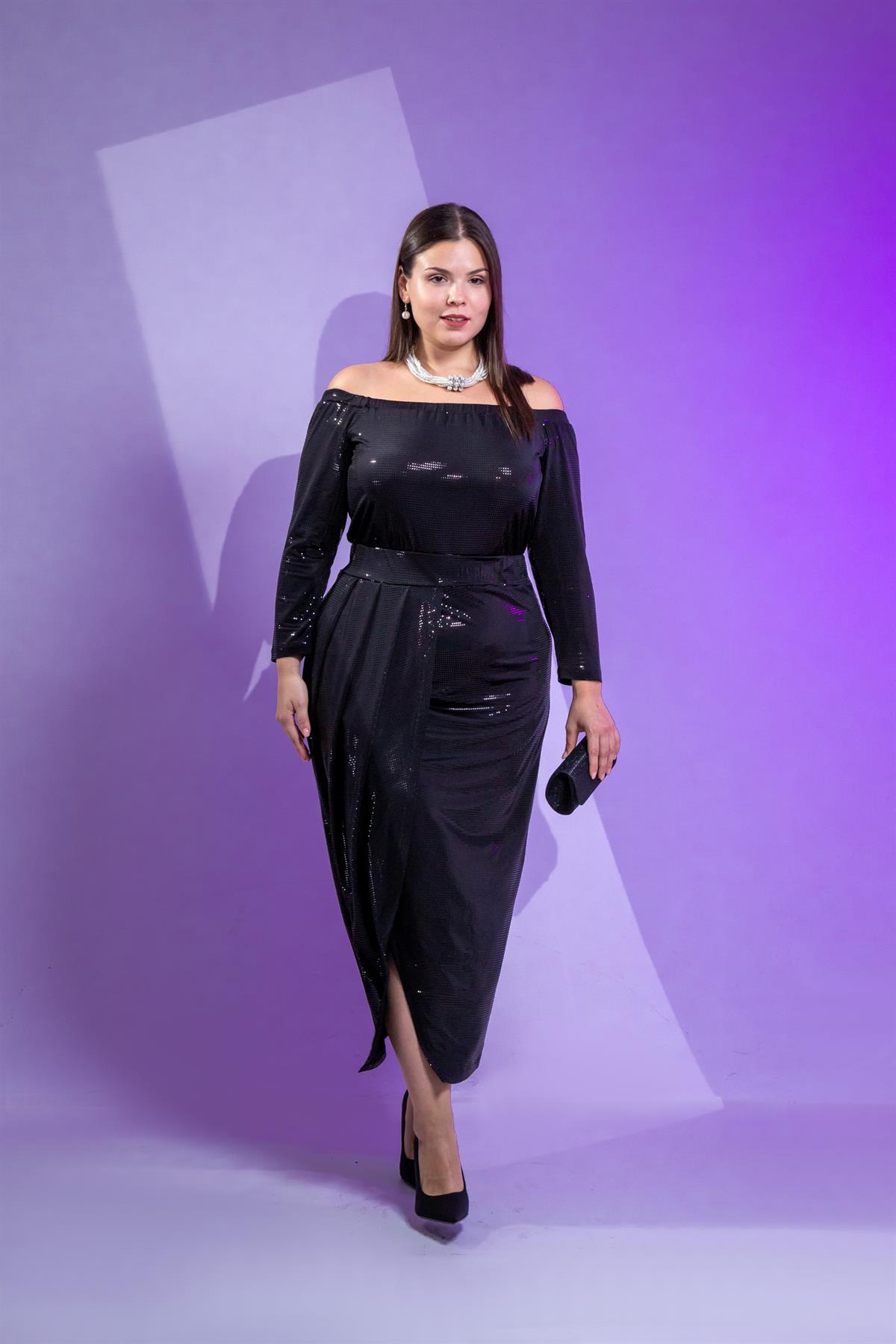 Büyük Beden 333670 Omuzu Açık Yırtmaçlı Elbise  Siyah-Pulpayet