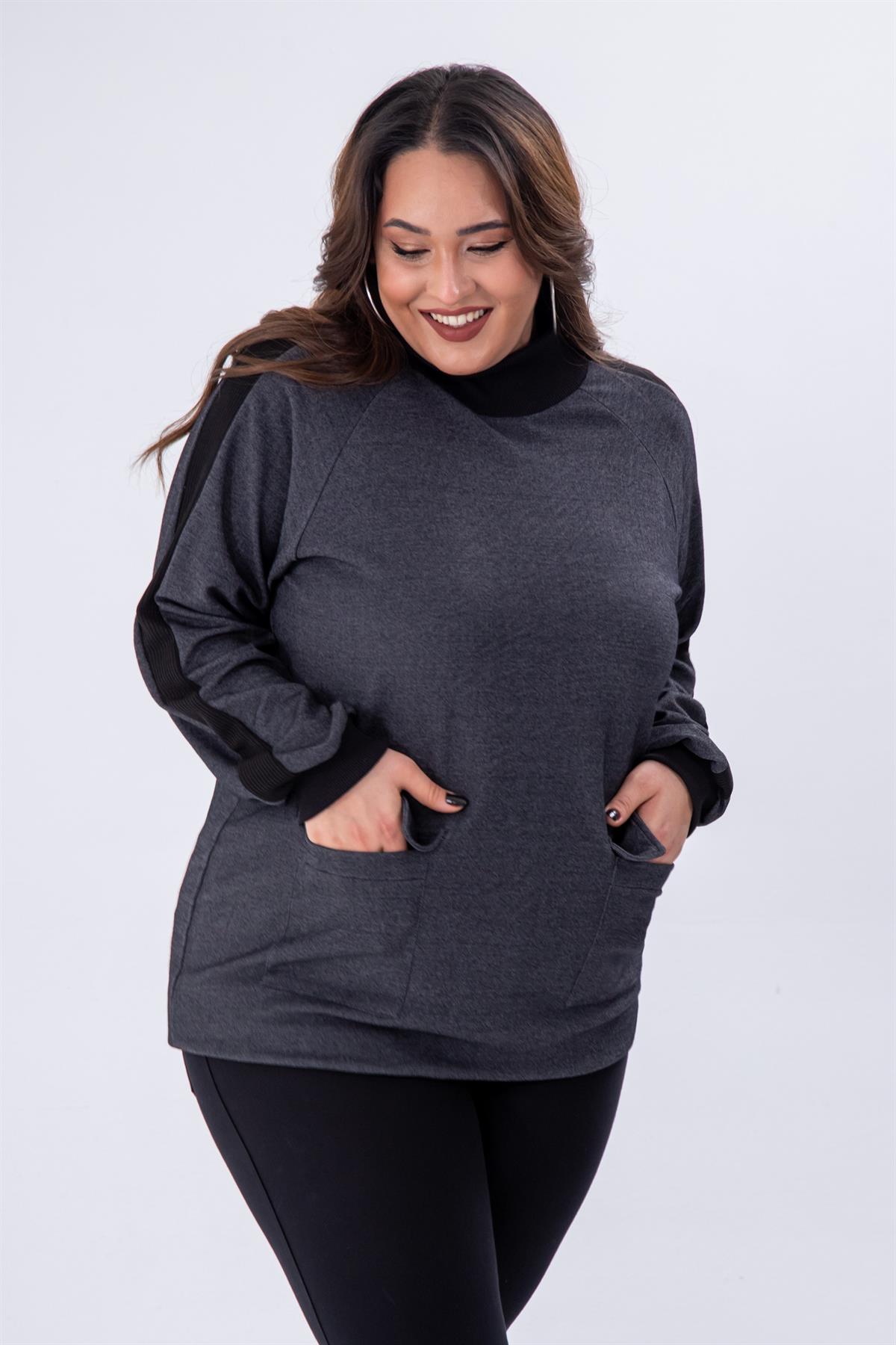 Büyük Beden 333707 Cep Detaylı Kazak Gri