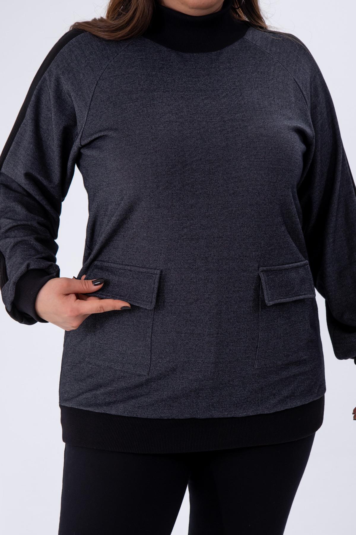 Büyük Beden 333707 Cep Detaylı Kazak Gri