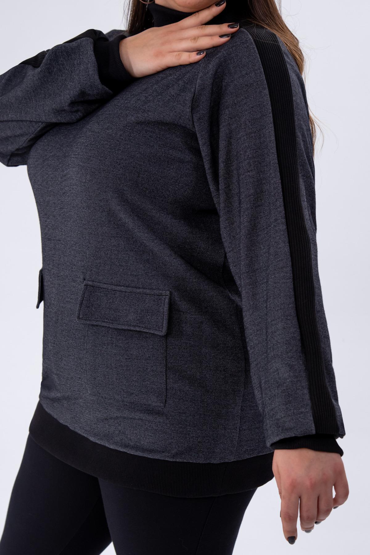 Büyük Beden 333707 Cep Detaylı Kazak Gri