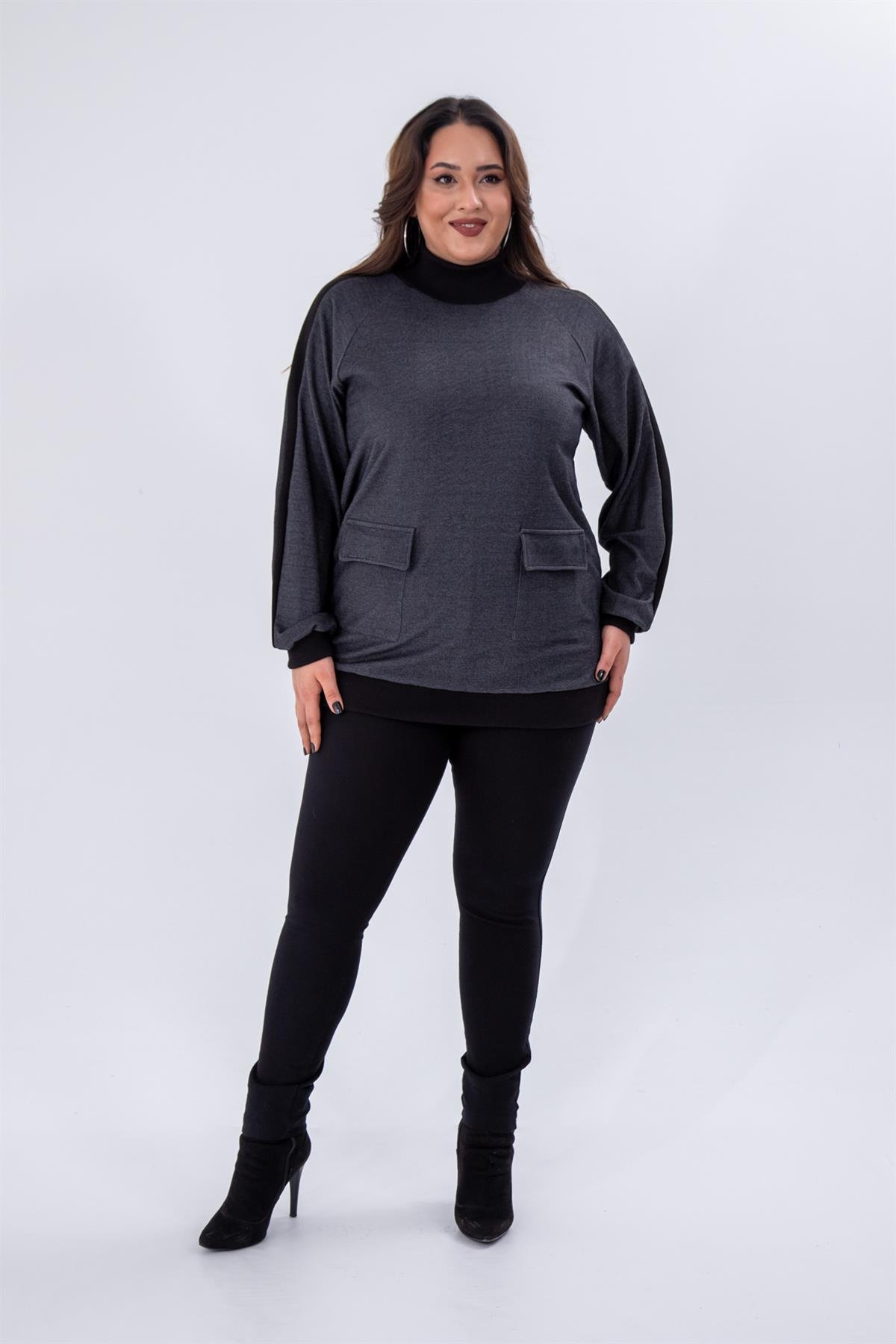 Büyük Beden 333707 Cep Detaylı Kazak Gri