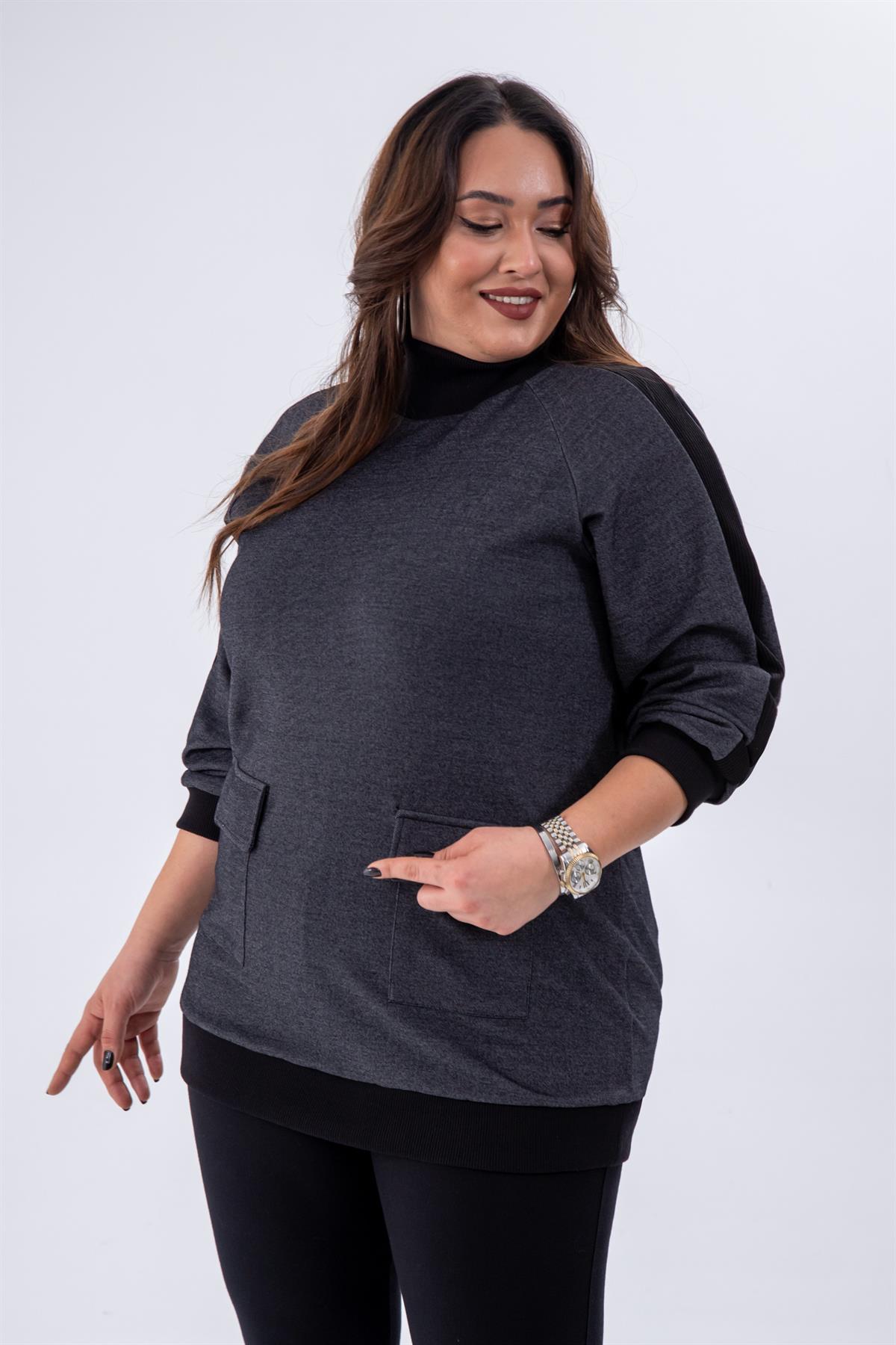 Büyük Beden 333707 Cep Detaylı Kazak Gri