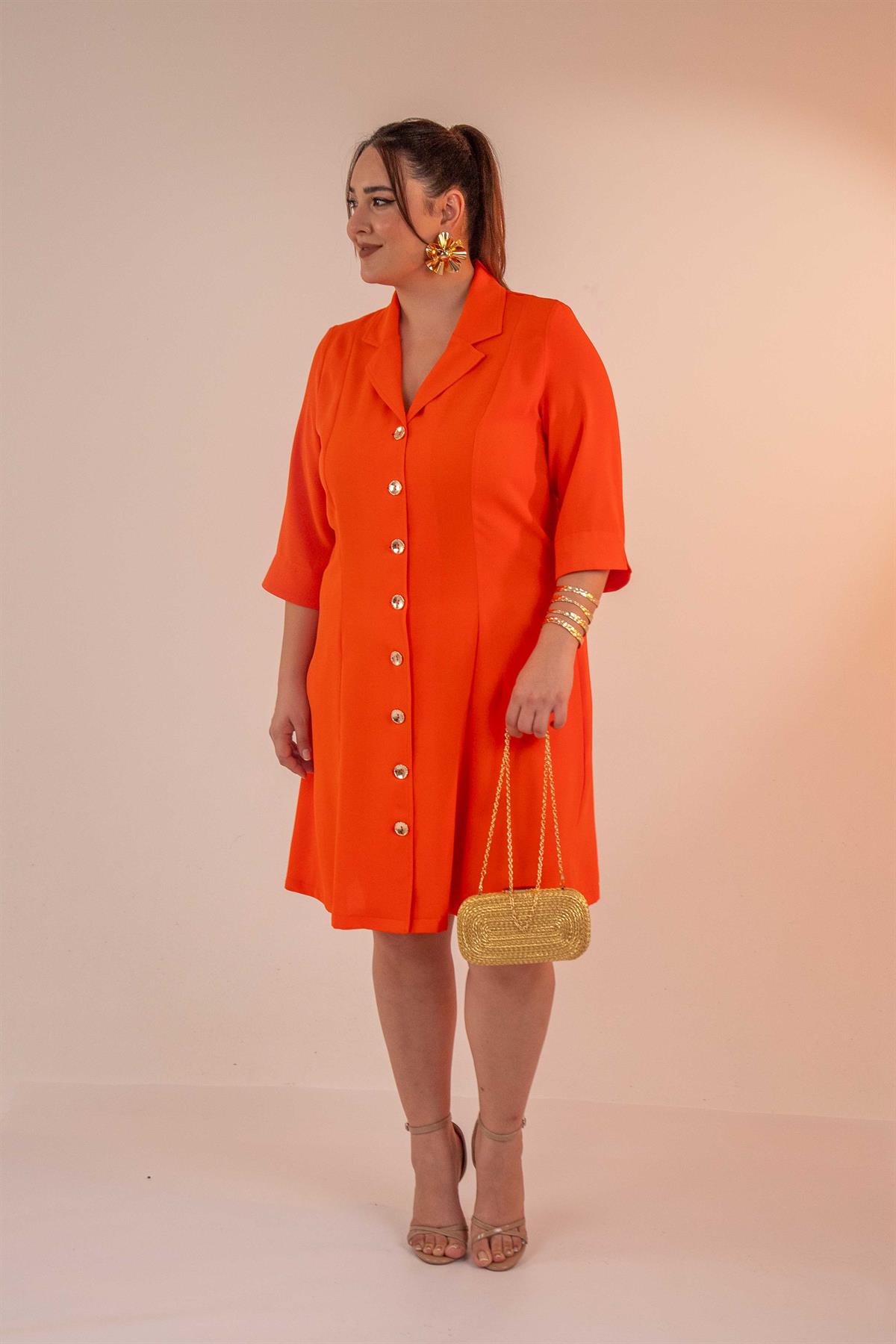 Büyük Beden 33371 Önü Düğmeli Gömlek Elbise Turuncu