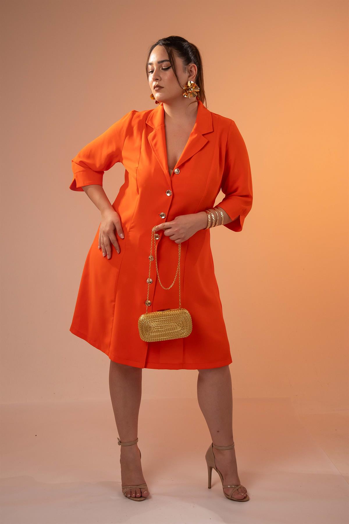 Büyük Beden 33371 Önü Düğmeli Gömlek Elbise Turuncu