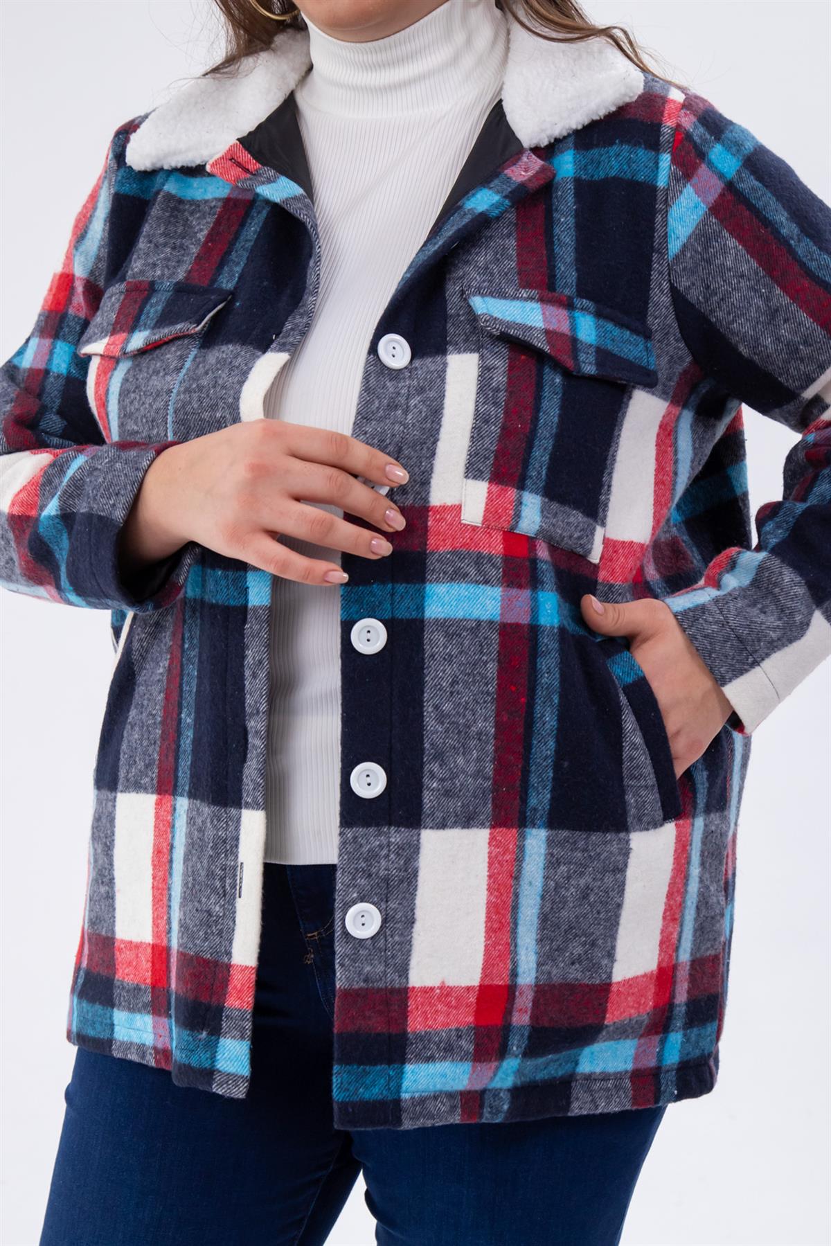 Büyük Beden 333712 Welsoft Yaka Oduncu Gömlek  Mavi-Kırmızı